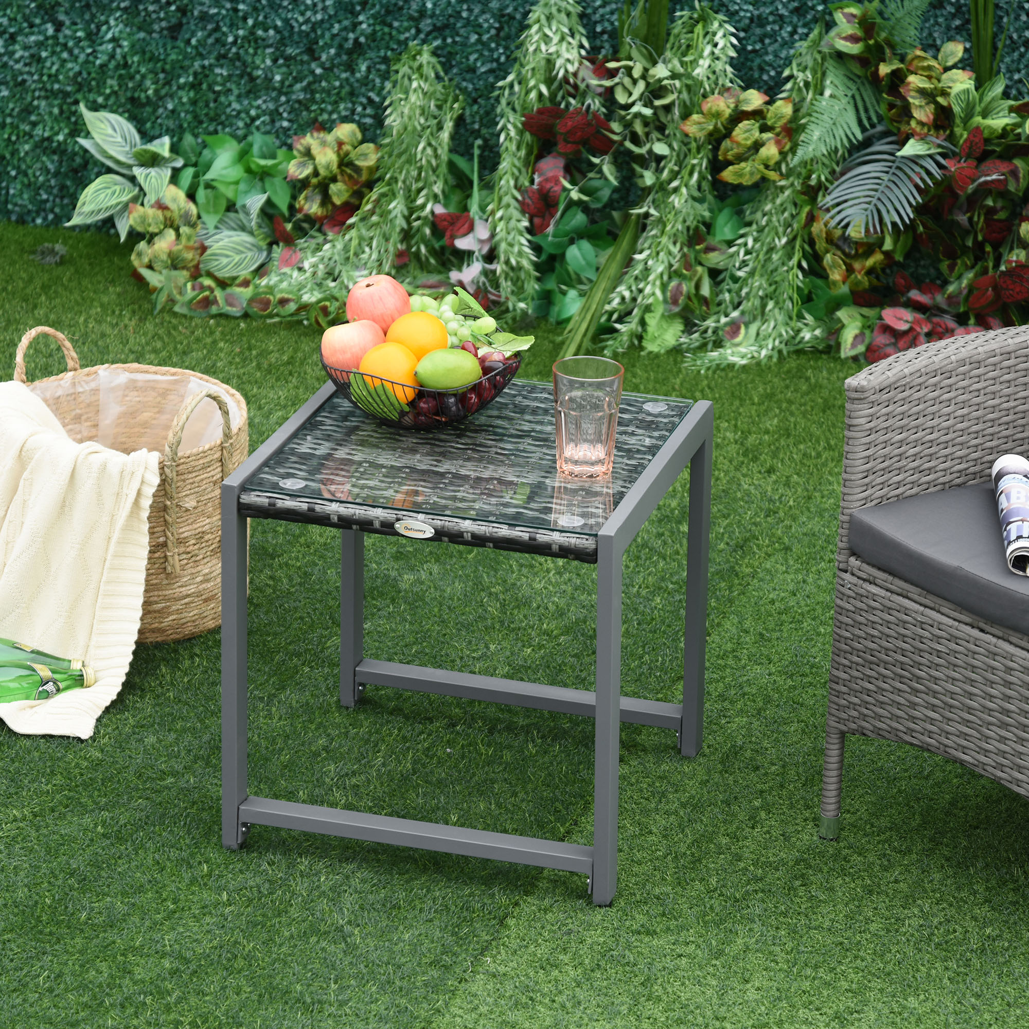 Gartentisch Garten Beistelltisch Tisch Gartenmöbel mit Hartglas Polyrattan + Aluminium Grau 50 x 49,5 x 50 cm
