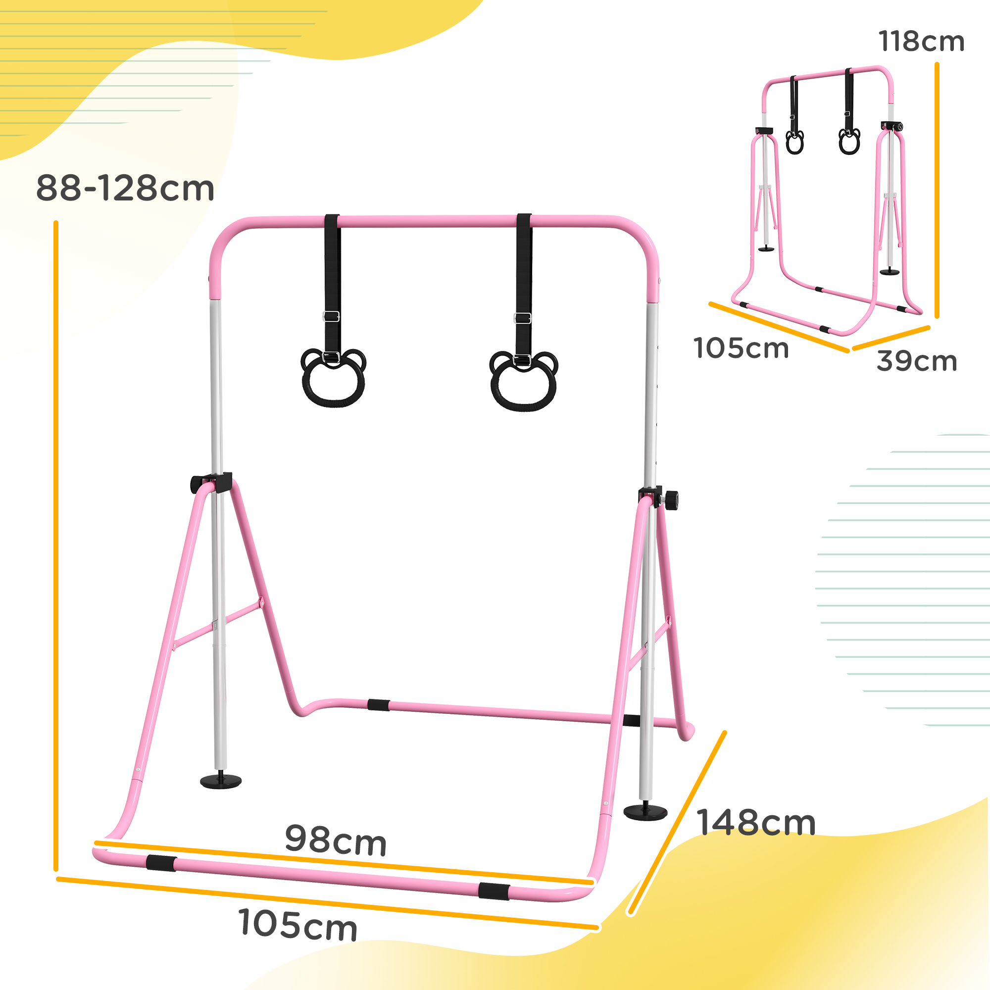Kinder-Turnbarren mit Ringen, höhenverstellbar, klappbar, rutschfest, Stahlrahmen, 148x105x88-128 cm, Pink