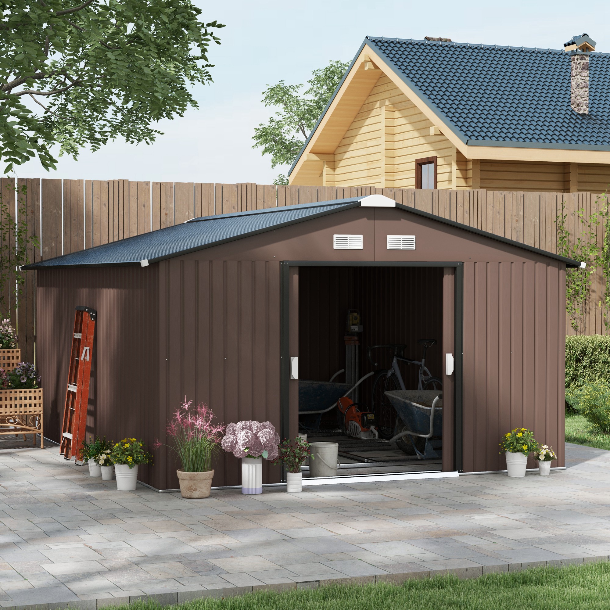 Geräteschuppen, Wetterfestes Gartenhaus für Gartengeräte, mit Belüftungsfenstern, Schiebetüren, Stahl, Braun