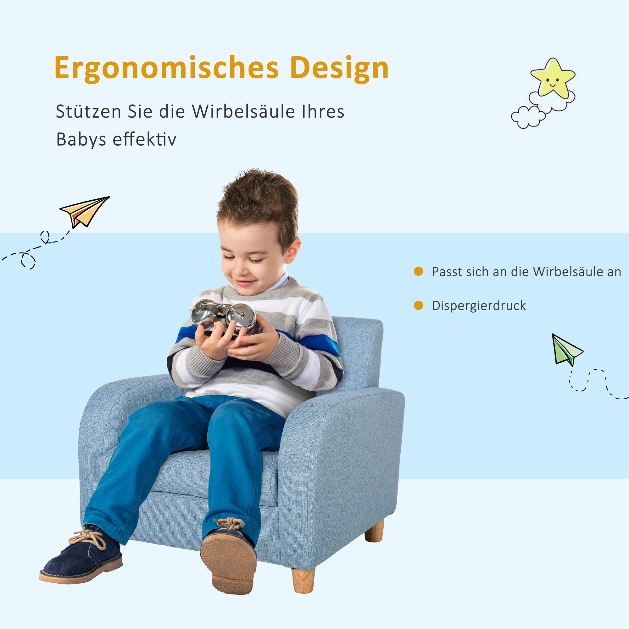 Kindersessel Kindersofa mit dickem Schaumstoff und dicken Sitzkissen Kindercouch Stuhl Liegesofa mit Anti-Rutsch-Füßen für 3-5 Jahre Kinder Holz Leinen Schaumstoff Blau 49x45x44,5 cm
