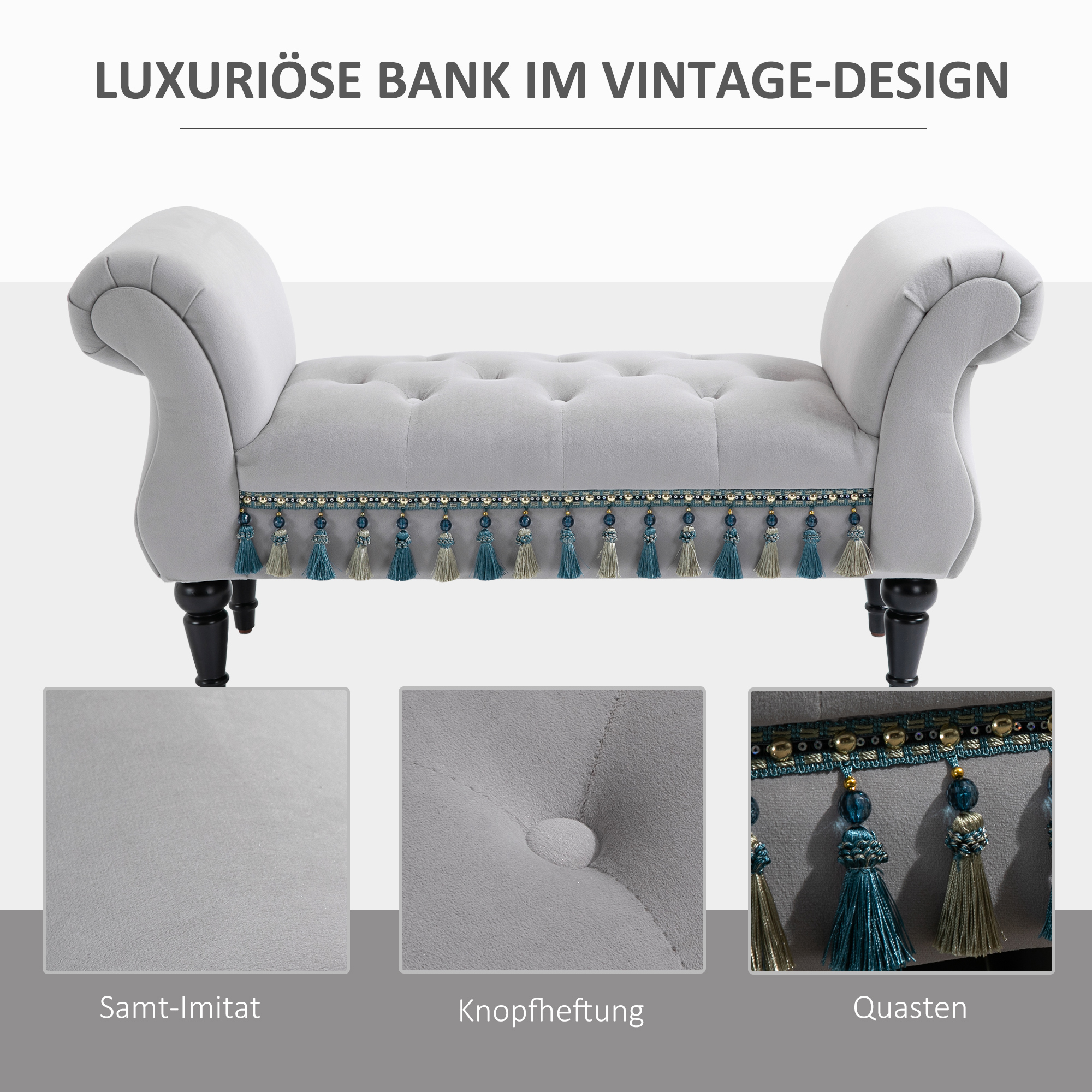Sitzbank Polsterbank mit Samt-Bezug, Armlehne Bettbank mit Holzrahmen, Schuhbank für Schlafzimmer, Wohnzimmer, Flur 117 x 40 x 58 cm Hellgrau