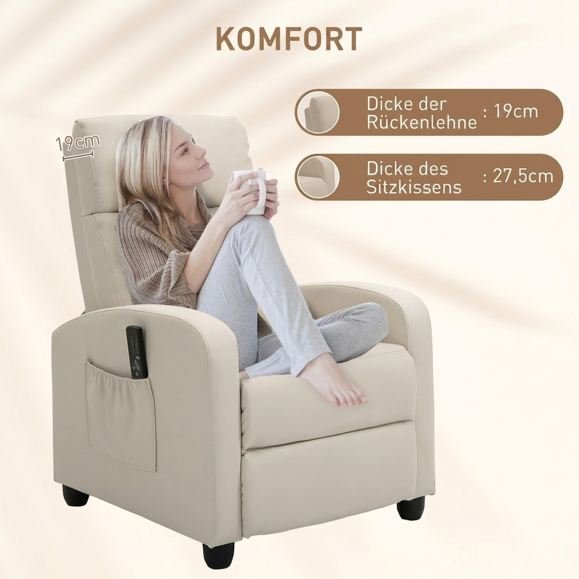 Entspannungs-Massagesessel mit 8 Modi und 5 Intensitäten, Liege mit Fußstütze und Fernbedienung, PU-Kunstleder, Creme