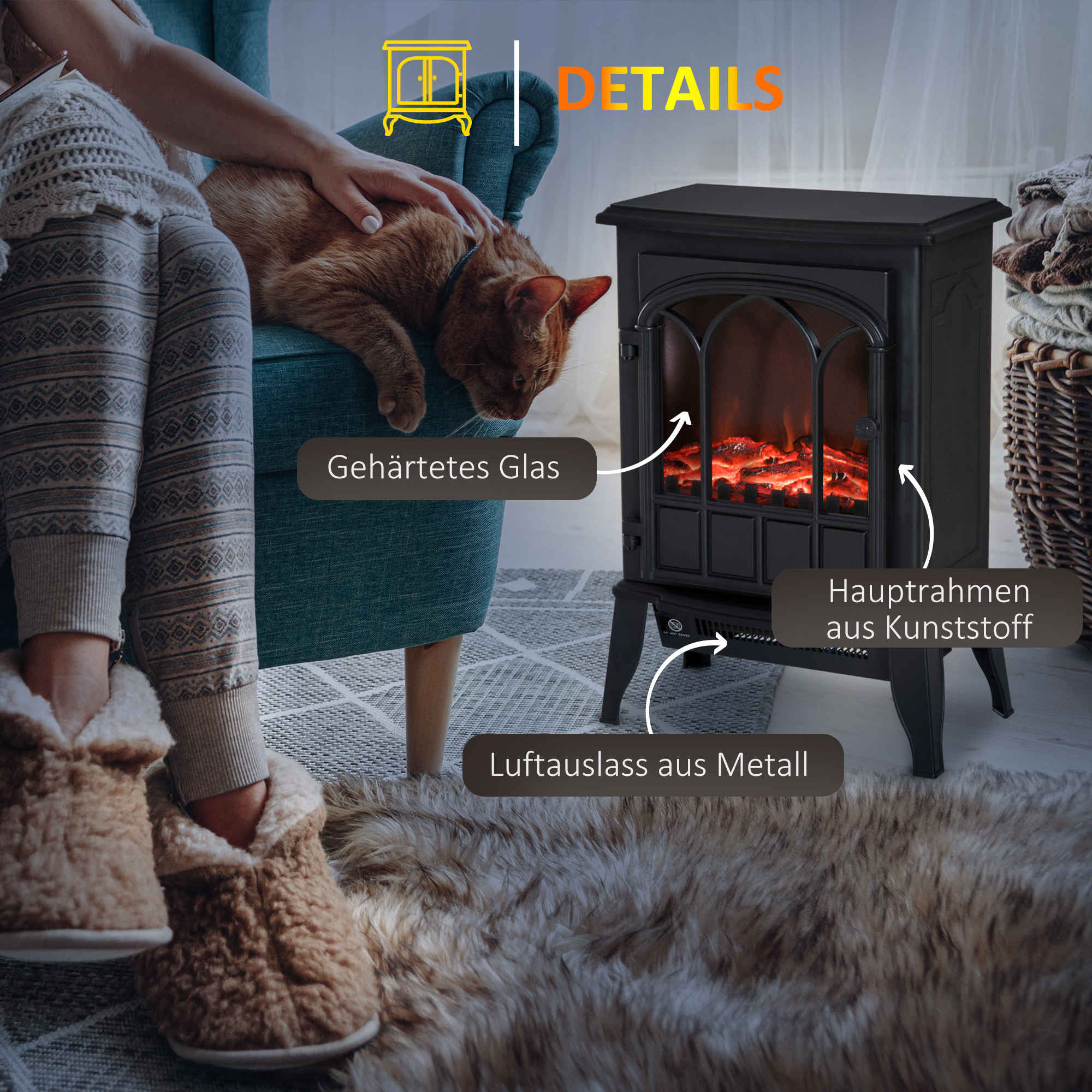 Elektrokamin, LED-Flammen, 1000/2000 W, regelbare Temperatur & Helligkeit, Metall, 39 x 23 x 56,5 cm