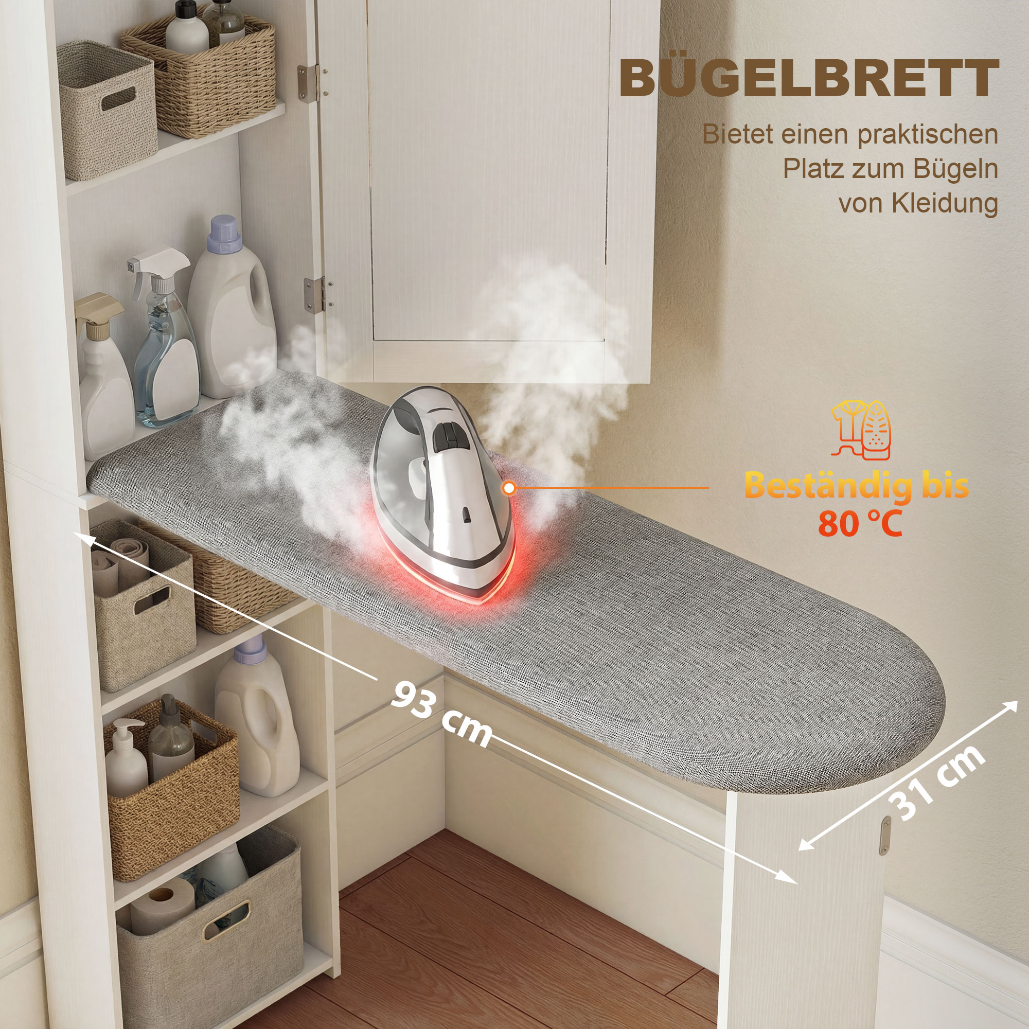 Faltbar Bügelbrettschrank mit Tür internen Regalen Spiegel Platzsparend Bügeltisch für Wäschepflege 106x35x174 cm Weiß