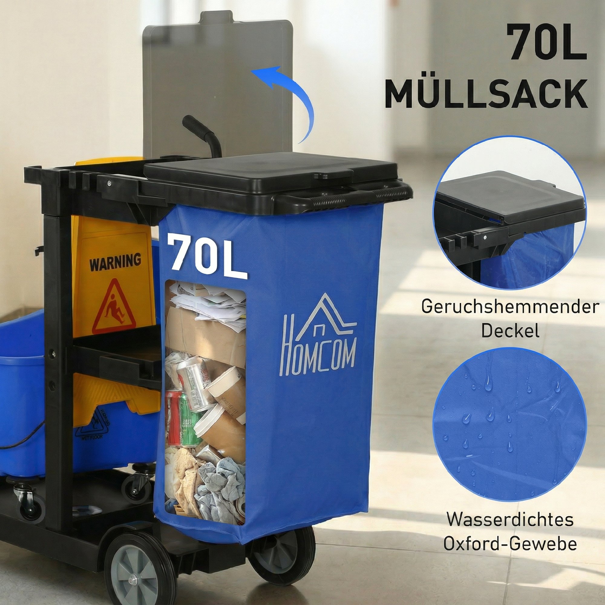 Reinigungskarre, Rollender Putzwagen mit 3 Ablagen, 70-Liter-Müllsack, Mop-Wringer-Eimer, Blau