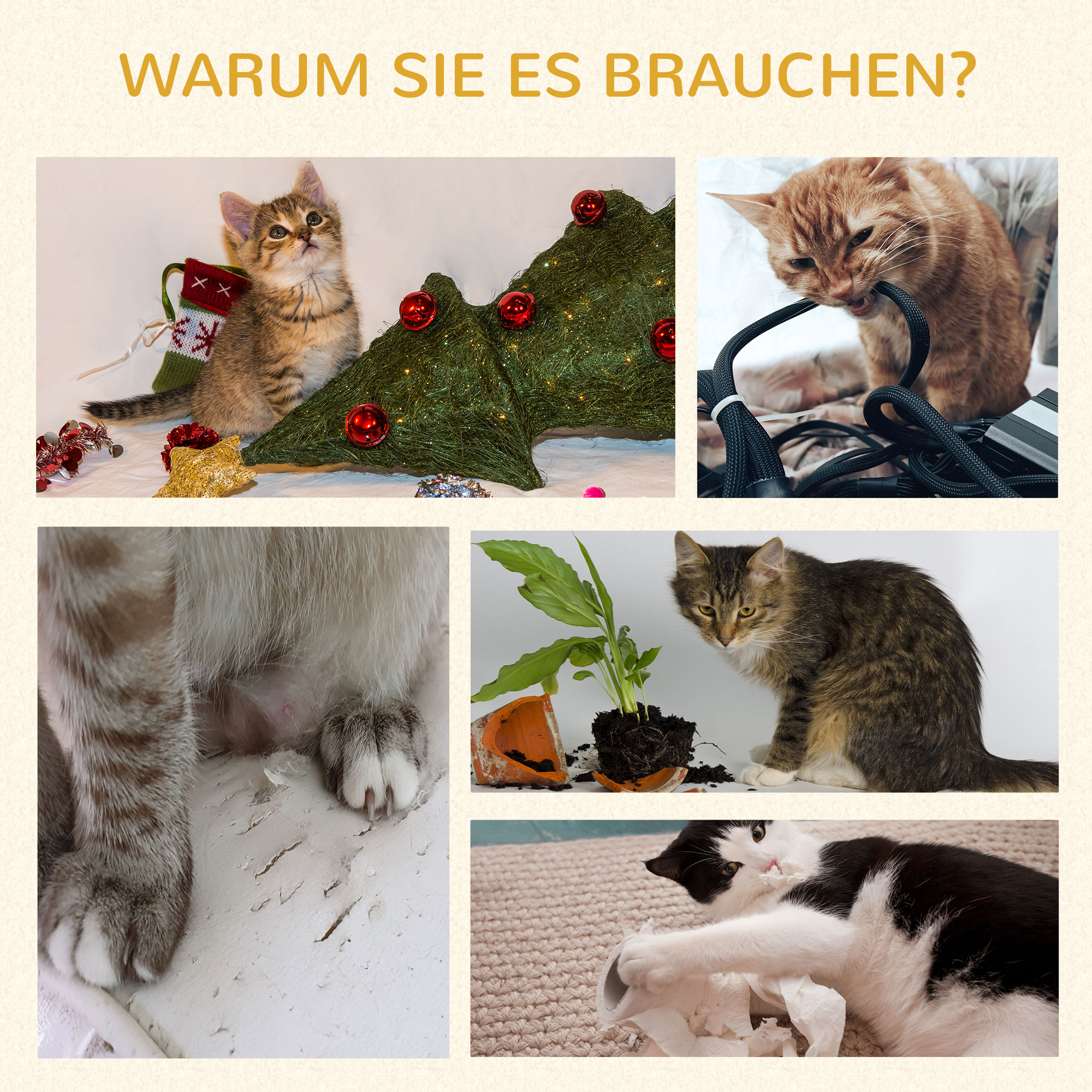 Kratzbaum mit Kratztonne, 1 Katzenbett und Katzenspielzeug, 59 cm x 35 cm x 100 cm, Cremeweiß