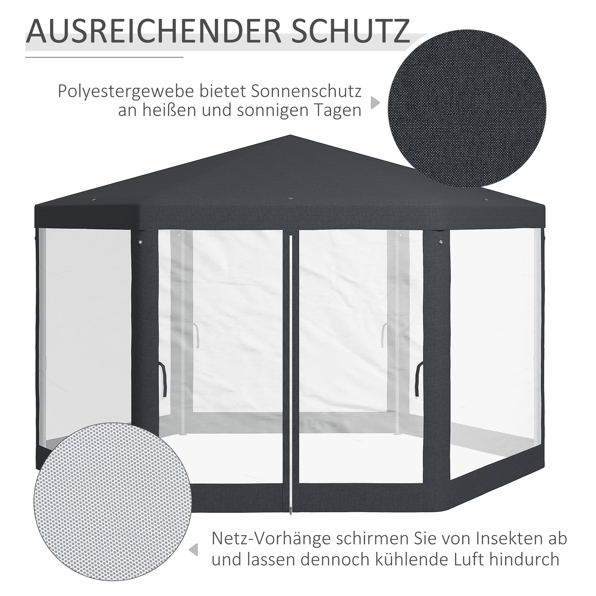 Gartenpavillon, 6-eckig, Netzvorhänge, Metallgestell, 3,94x3,412x2,5m, Dunkelgrau