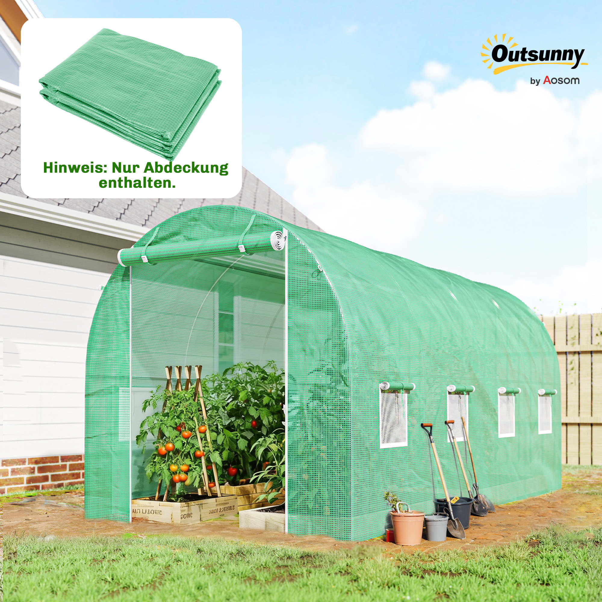 Gewächshausfolie 4 x 2 m, wasserdicht Gartenfolie mit Tür, 8 Fenster, UV Schutz, Reißfest Polyethylen NUR Folie Grün