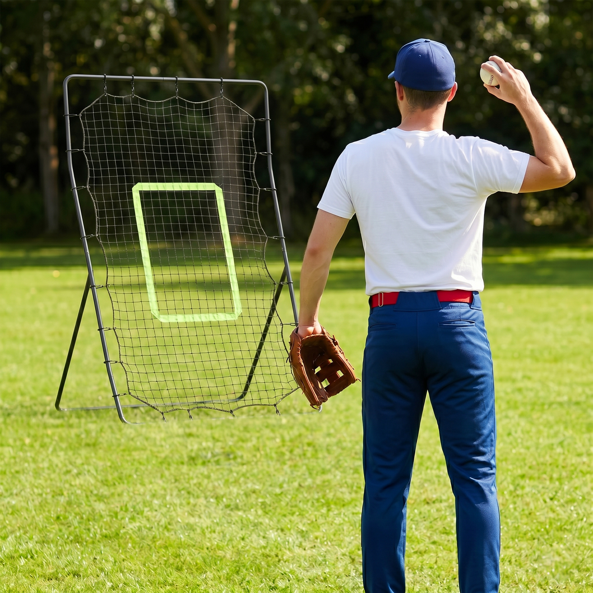 Baseball-Rückprallnetz, wetterbeständig, Metallrahmen, grüne Trefferzone, 174H x 123B x 90T cm