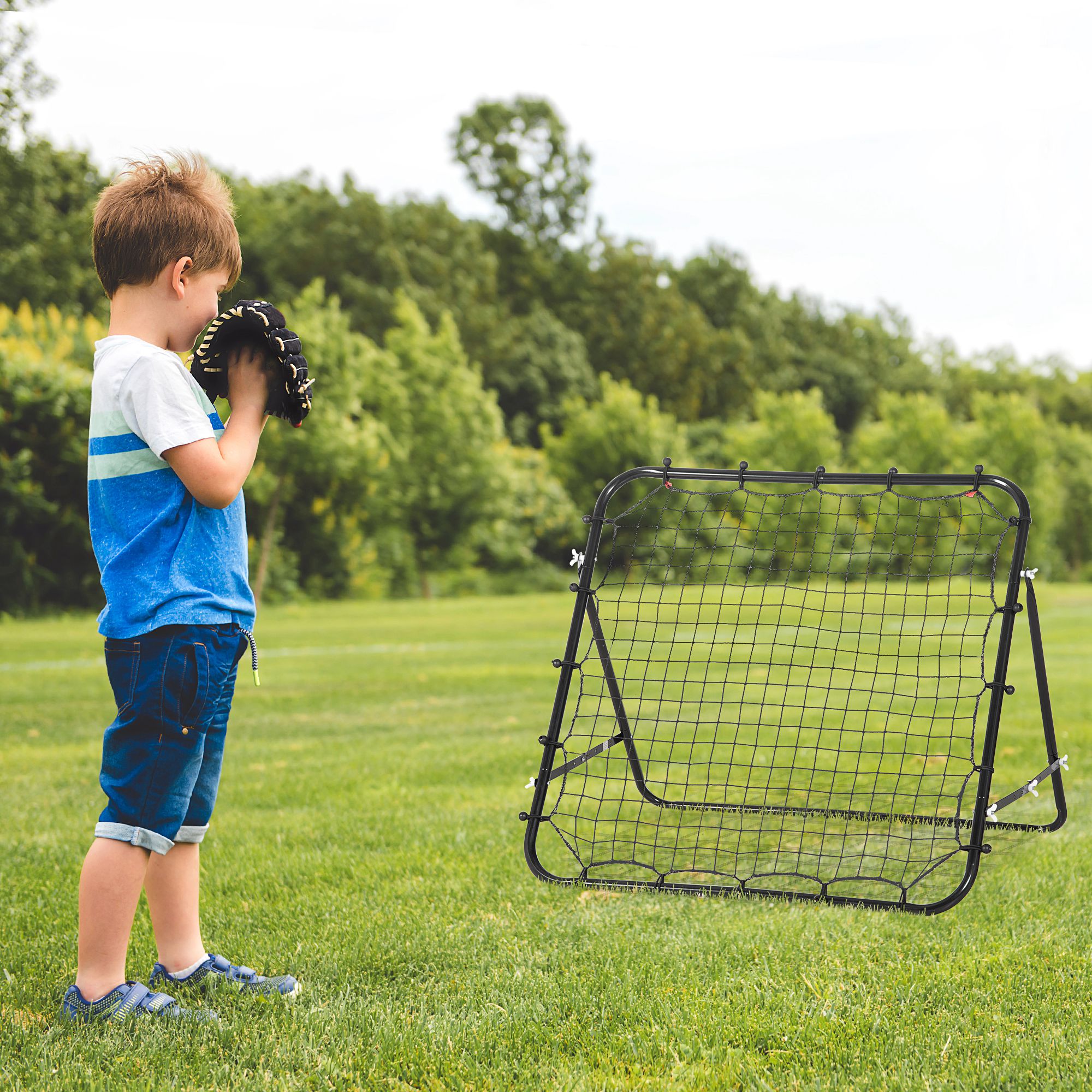 Rebounder für Fußball, 84 x 84 cm Fussball Rebounder mit stufenlos verstellbarem Winkel, Kickback Rückprallwand Fußballtor für Jugendliche Schuss-, Pass- und Ballannahmetraining Schwarz