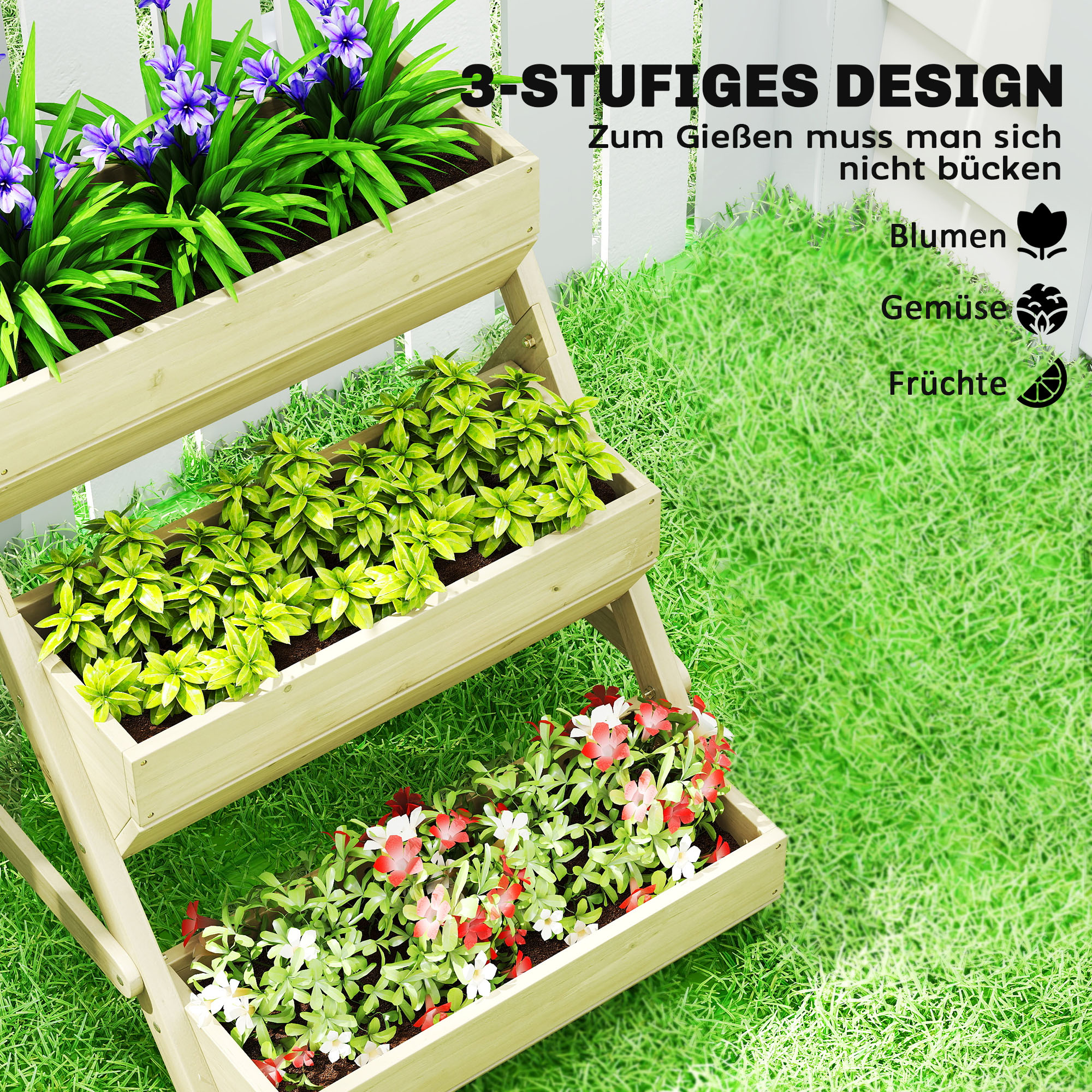 Vertikales Hochbeet mit 3 Etagen Vertikalbeet aus Holz Blumenkasten mit 3 Pflanzkästen Ablauflöchern Grün