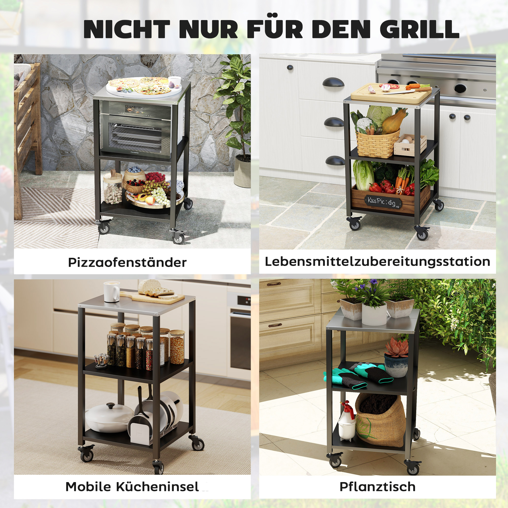 Grillwagen 3-Etagen Grilltisch mit Edelstahl Arbeitsfläche Rollen mobiler Servierwagen 50 x 50 x 90 cm Schwarz