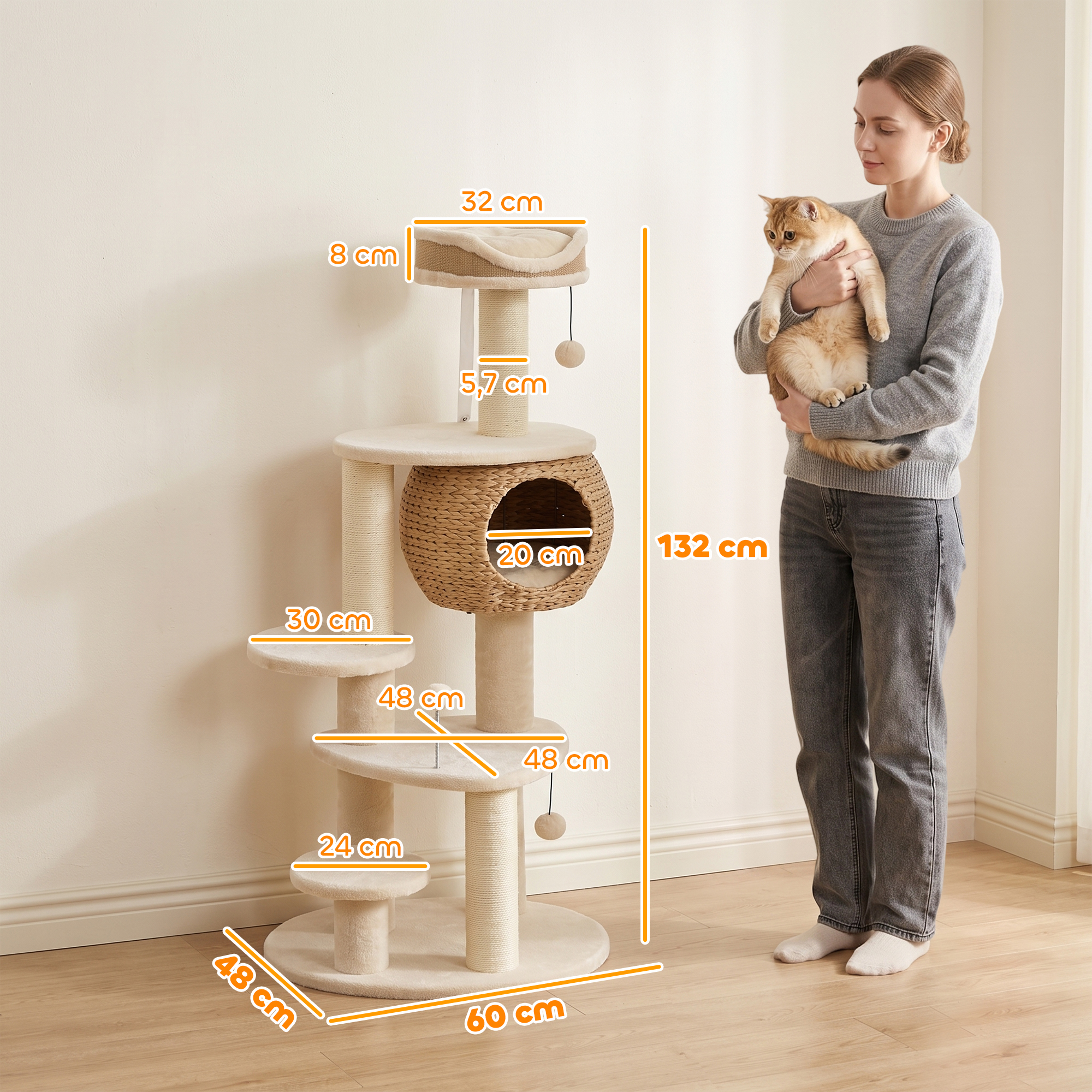 Kratzbaum Groß 132 cm hoch Katzenbaum mit Rohrkolben-Höhle Kratzstämmen Bett 3 Spielbällen Kippschutz 1-2 Katzen bis 6kg