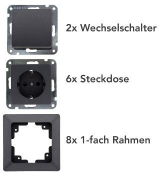 MILOS Starter-Kit, 16-teilig, Anthrazit, 6x Steckdose, 2x Schalter, Klemmanschl.