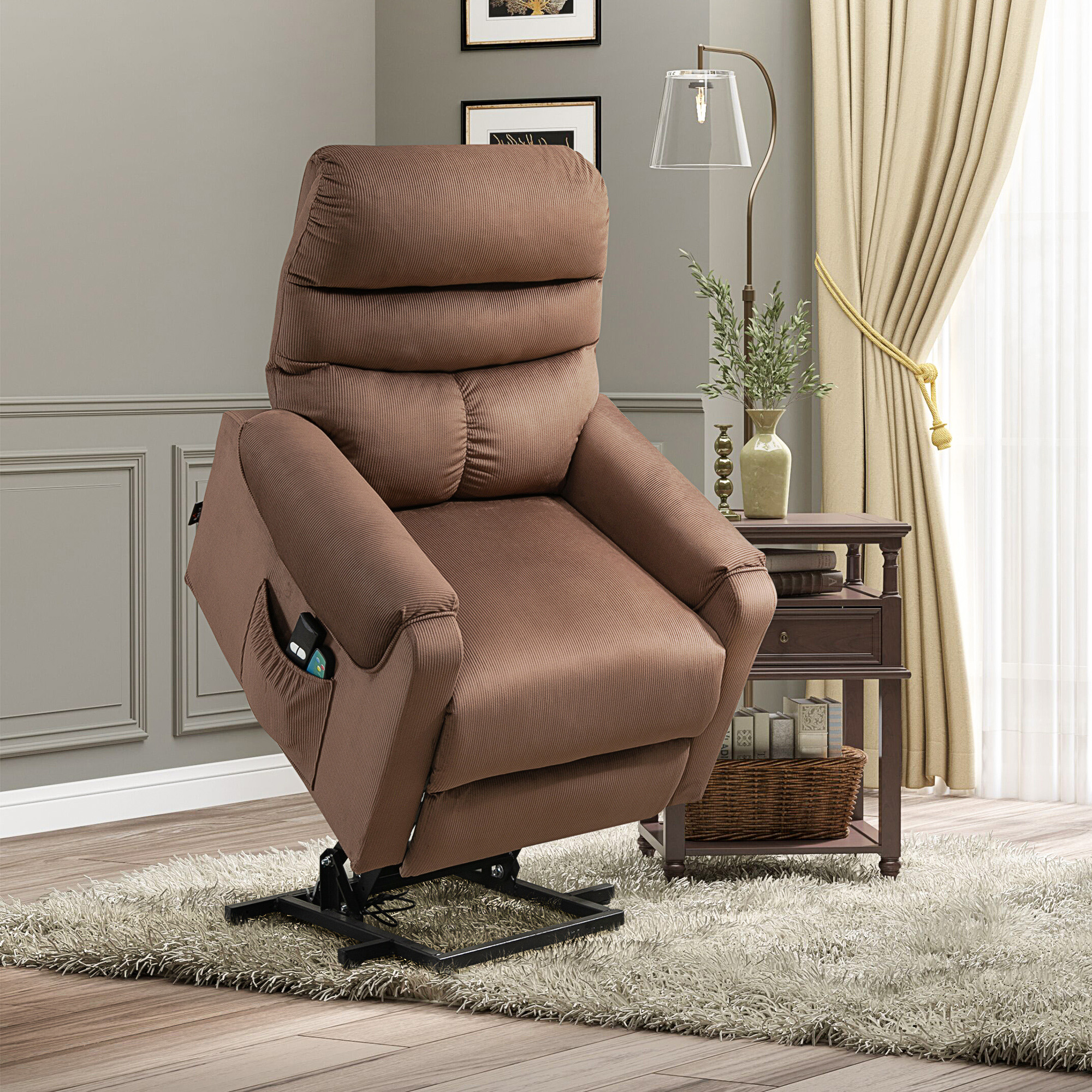 Fernsehsessel mit Aufstehhilfe Elektrisch, Massagesessel mit Liegefunktion und Wärmefunktion, Relaxsessel mit Fernbedienung und Seitentasche Verstellbar Polyester-Gewebe Braun