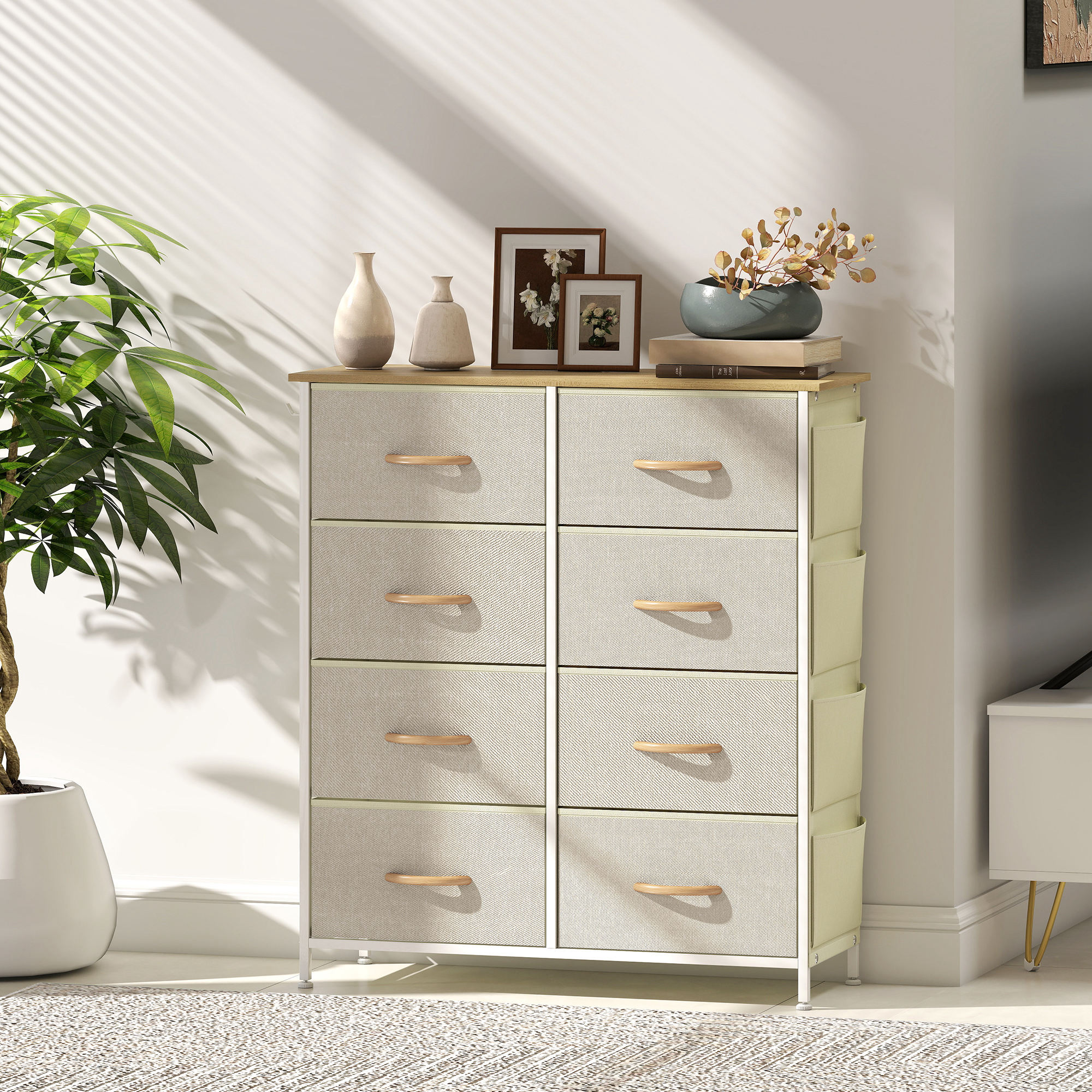 Schlafzimmer-Kommode mit 8 Stoffschubladen, Stahlstreben, Holzoberfläche, 4 Aufbewahrungstaschen, 2 Haken, Beige