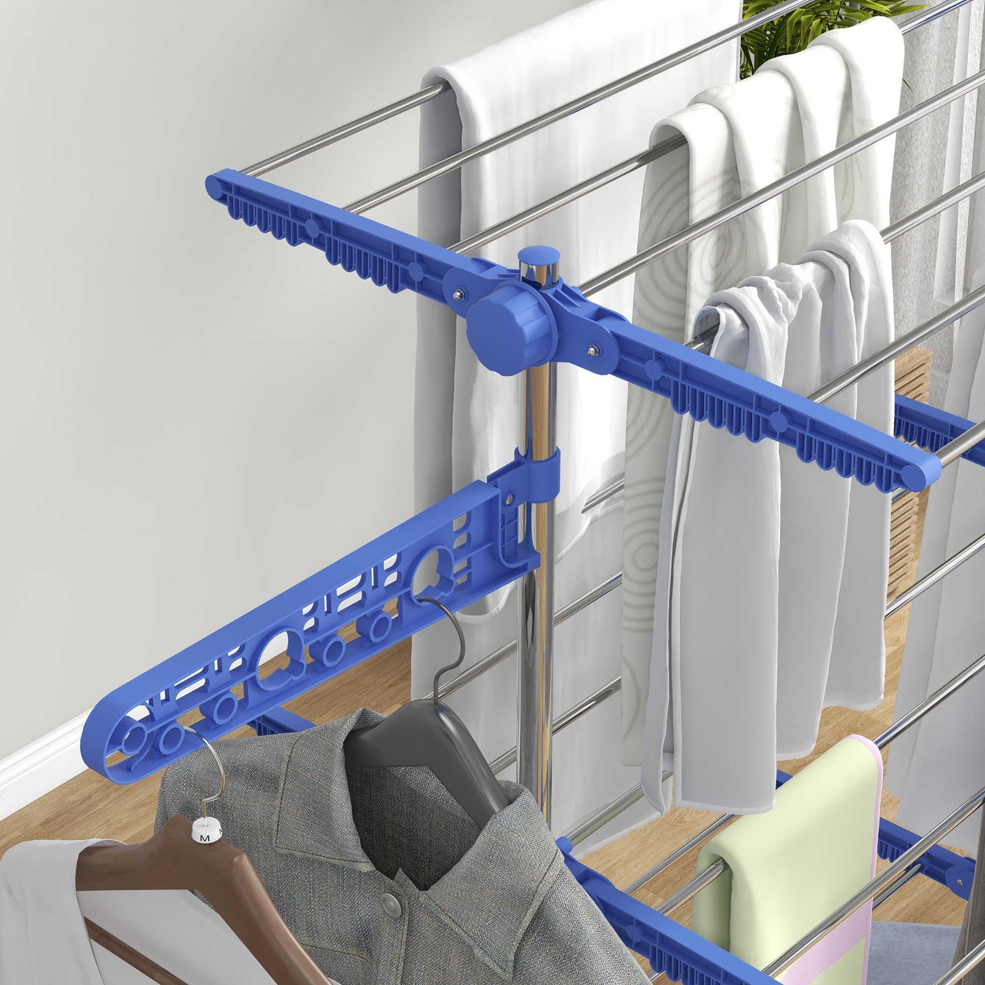 Wäschenständer Wäschetrockner. 4 Ebenen, klappbar, One-Klick-System, 142 cm x 55 cm x 152 cm Blau + Silber