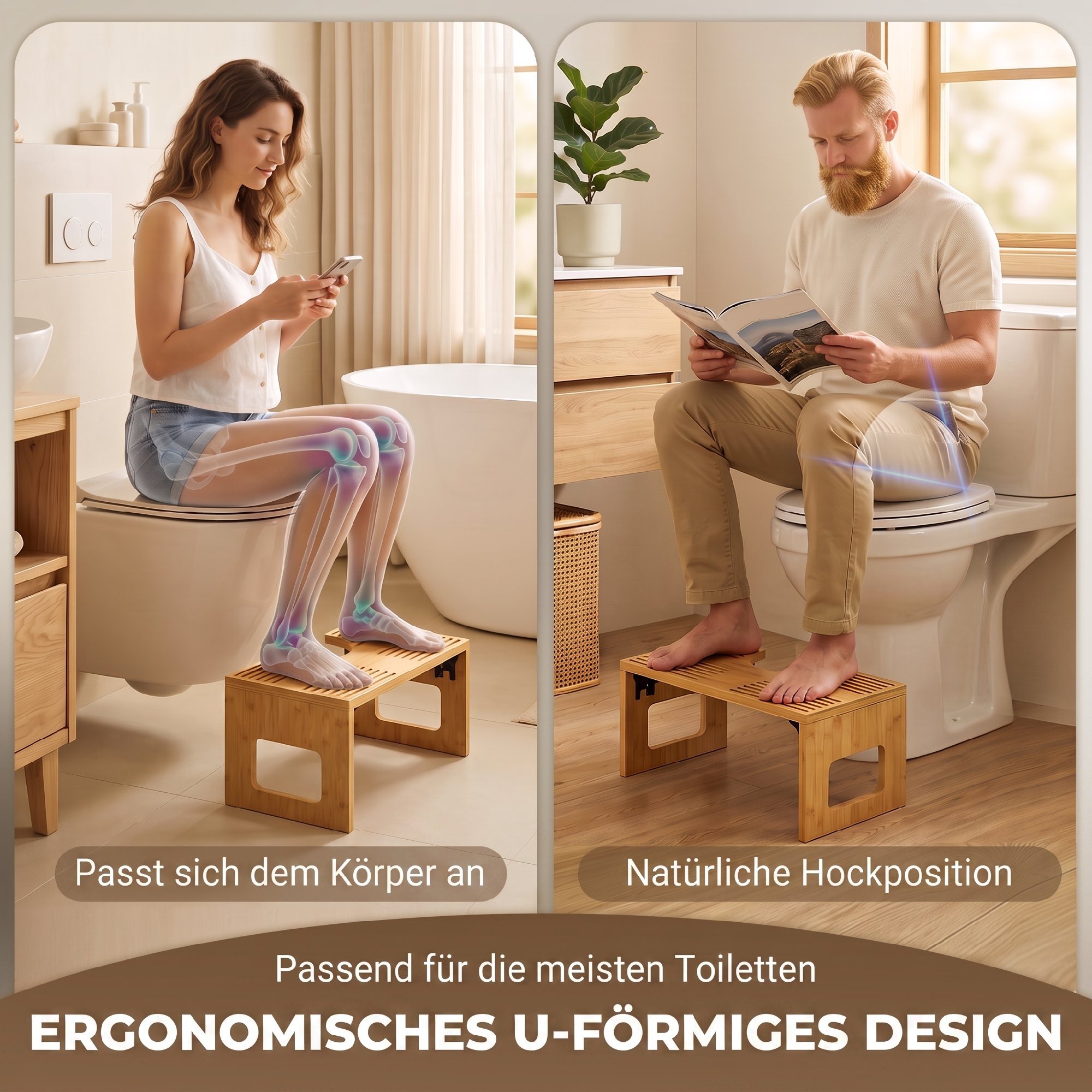 Toilettenhocker Bambus klappbar Badezimmer Hocker Badhocker Rutschfest Klohocker für Erwachsene Zuhause, Eiche