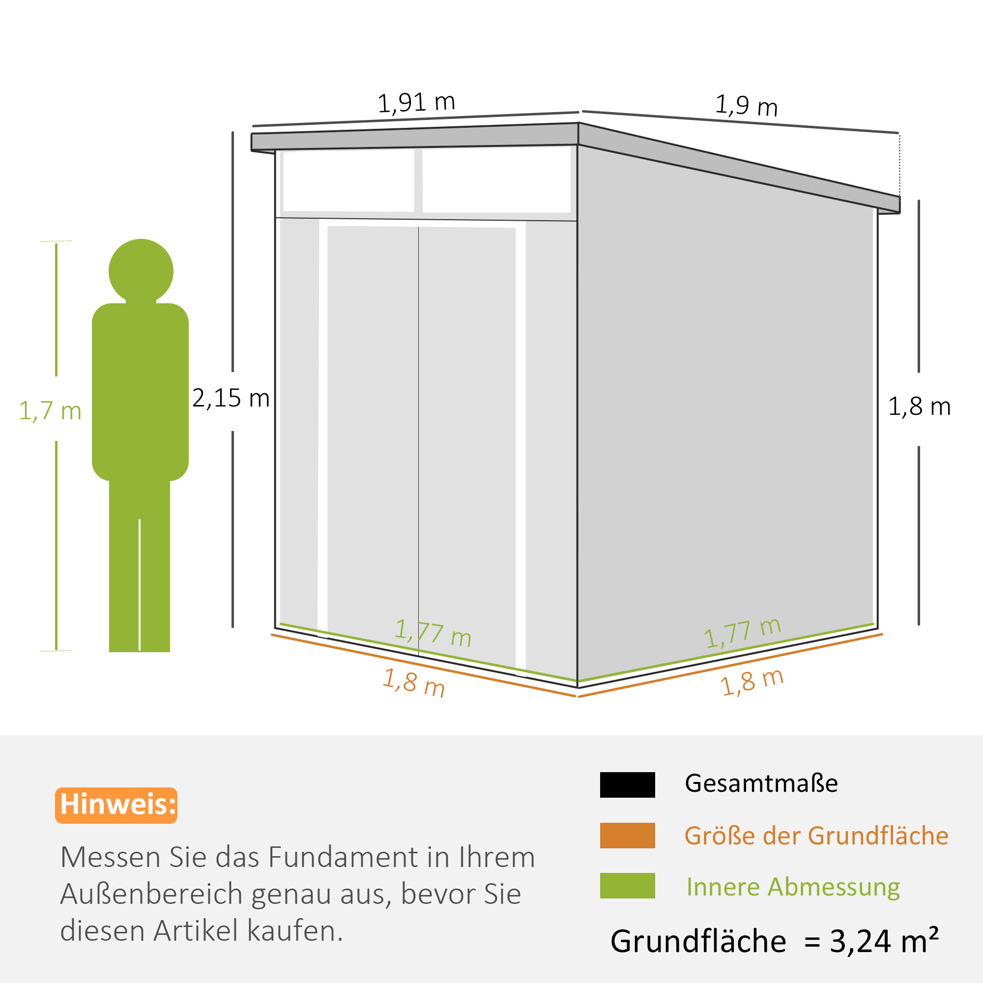 1,9 x 1,9  m Gartenschuppen, Werkzeugschuppen aus Kunststoff , verschließbare Türen, 2 Lüftungsöffnungen, Dunkelgrau
