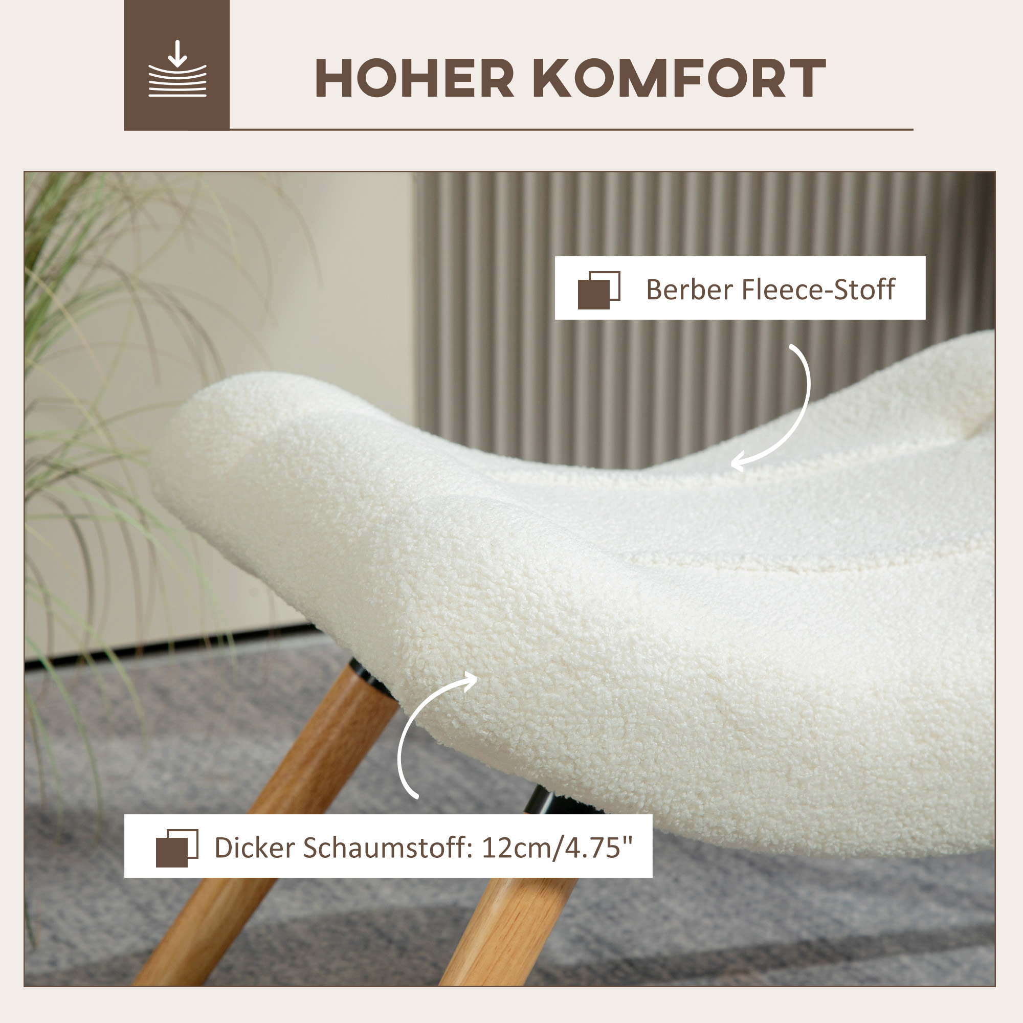 Moderner Fußhocker mit Fleece-Bezug und Holzbeinen, gepolstert, für Wohnzimmer, Schlafzimmer, Flur, Cremeweiß