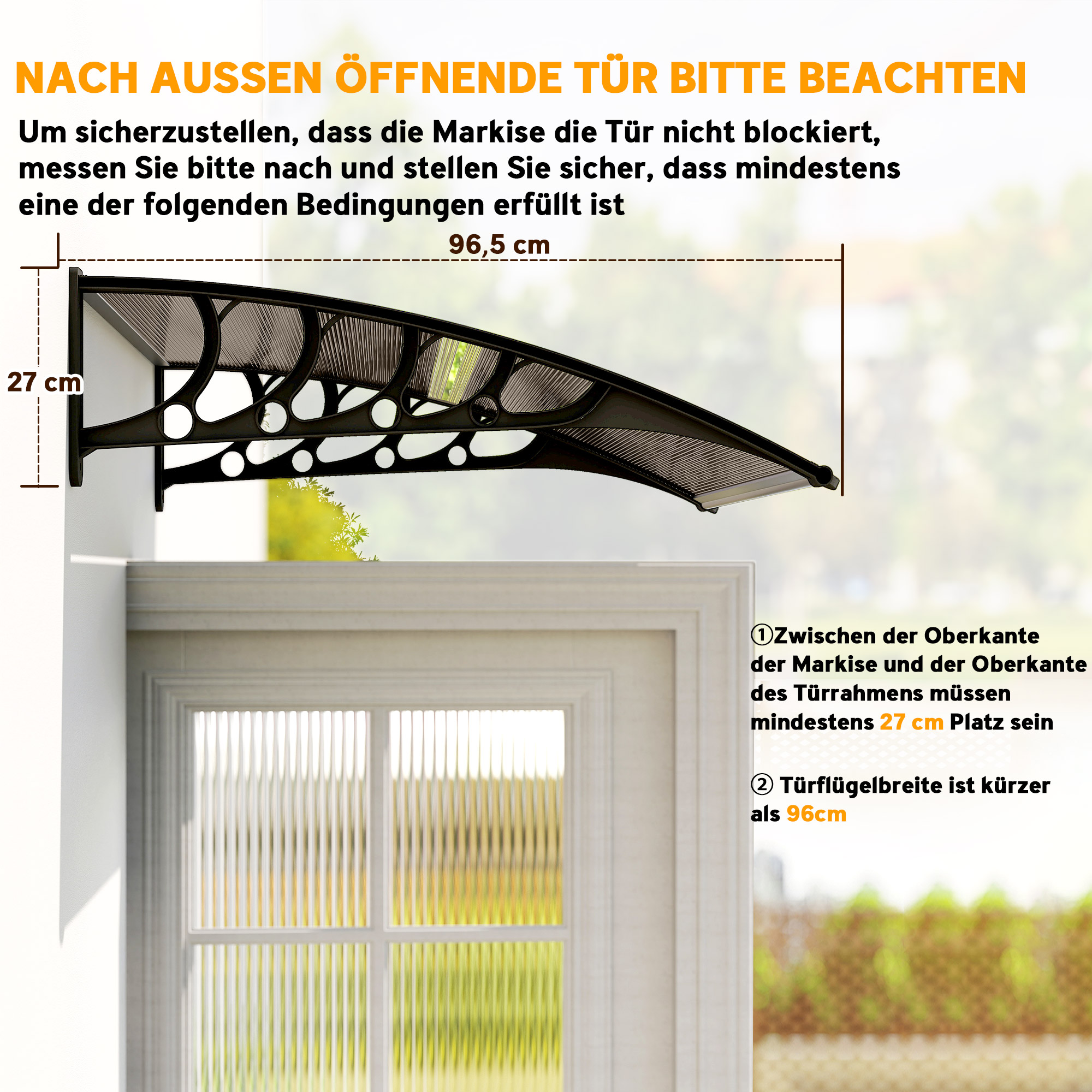 Türüberdachung, Schutz vor Regen, Wind und Hagel, Polycarbonat, Aluminium, 103 x 96,5 x 27 cm, Braun