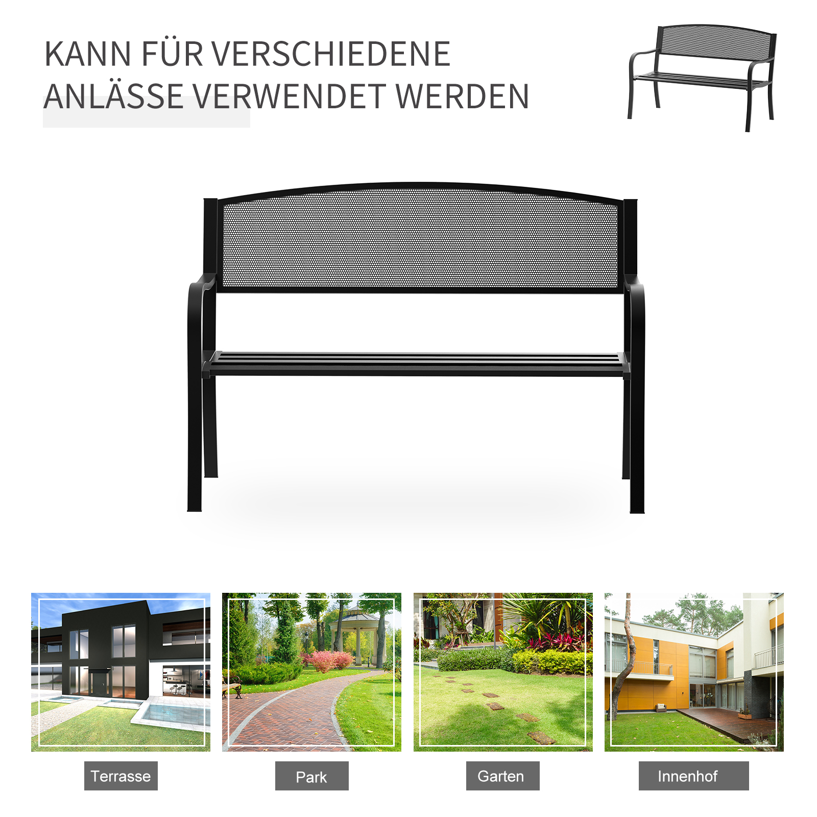Gartenbank Sitzbank Parkbank 2-Sitzer Garten Stahl Schwarz B127 x T60 x H87cm