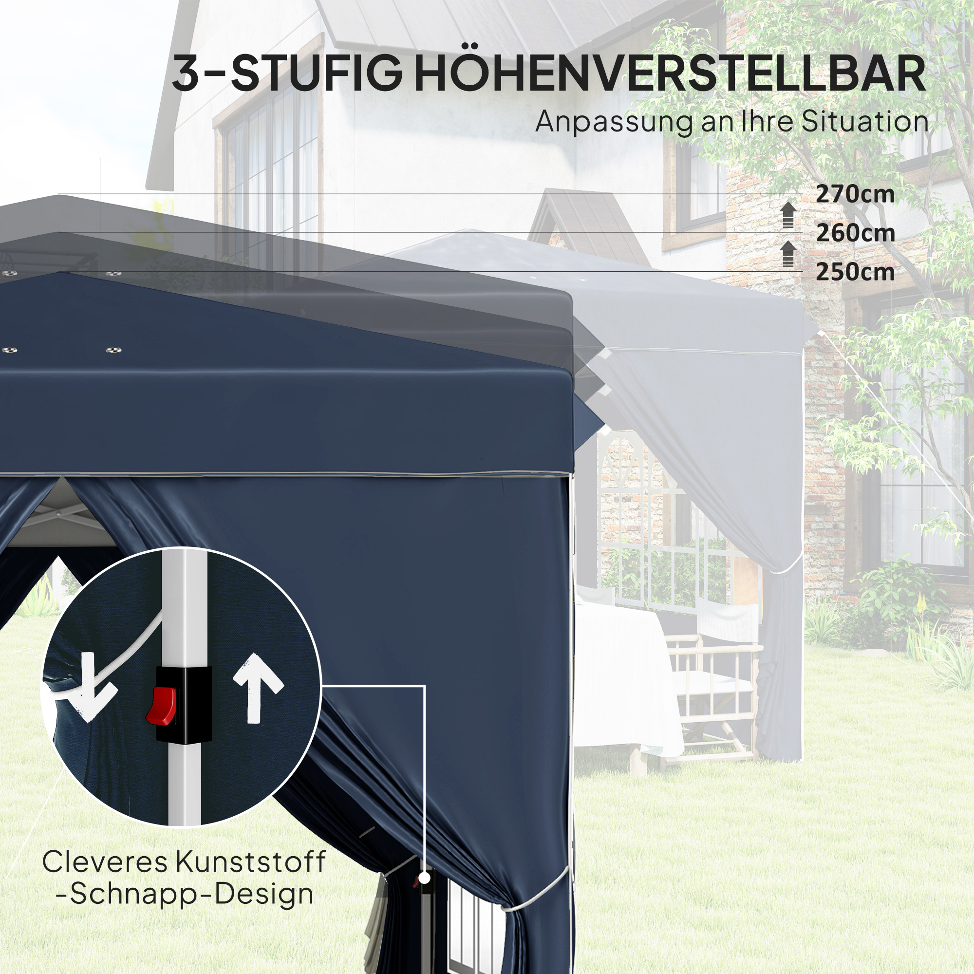 2,5 x 2,5 m Pop-up-Pavillon mit Seitenwänden und Tragetasche, UPF50+ höhenverstellbares Gartenzelt, Dunkelblau