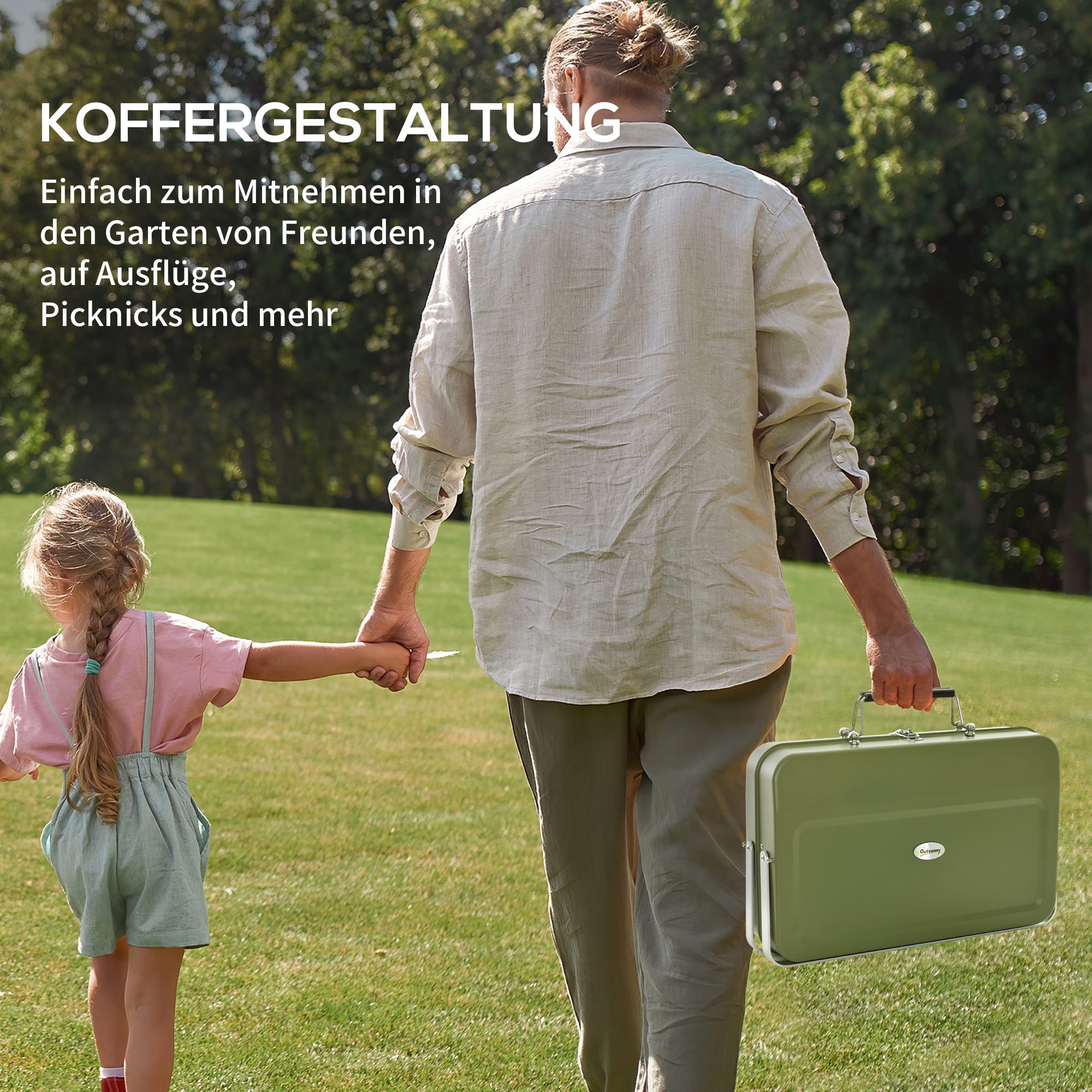 Koffergrill, Mini-Kohlegrill, klappbar, mit Kohleschale und Ascheauffangschale, Metallgehäuse, Grün