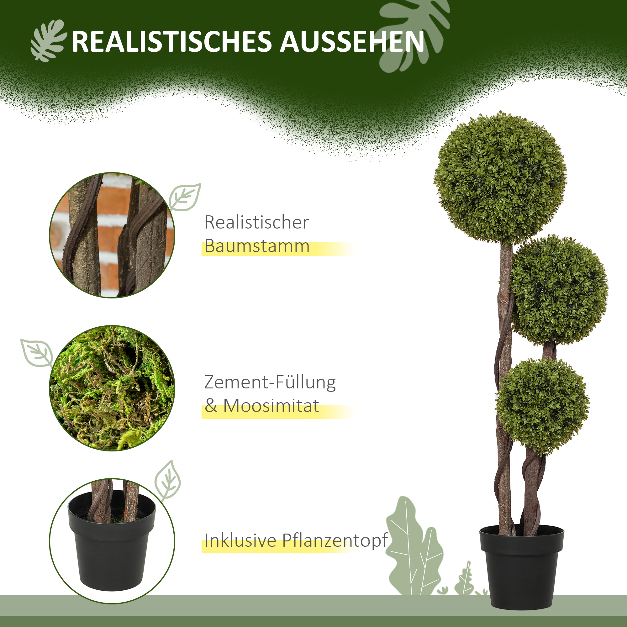 Künstlicher Buchsbaum, Kunstpflanze, realistisches Aussehen, Outdoor, Grün + Schwarz