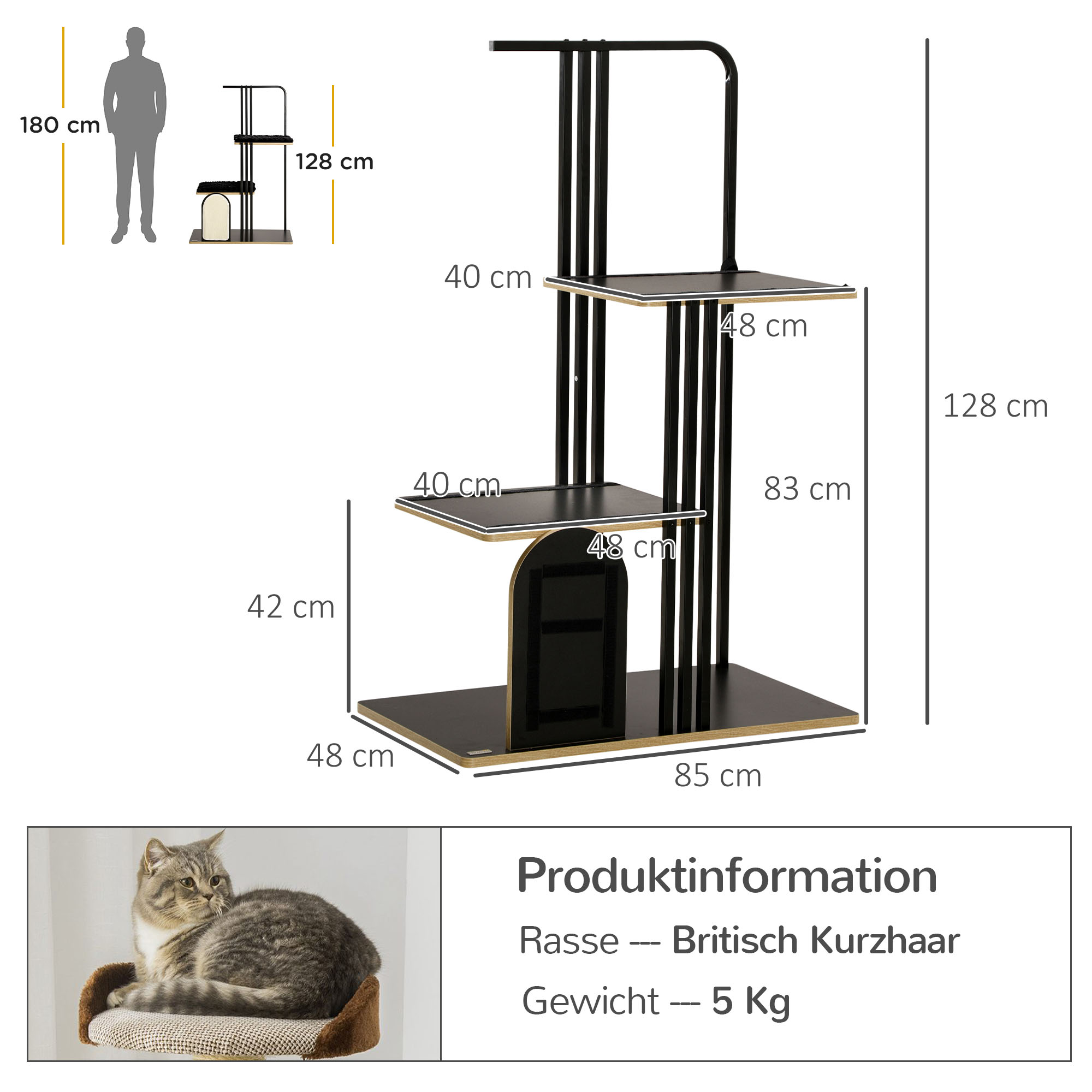 Kratzbaum, Industrial Design, 2 Plattformen, 2 Liegekissen, Kratzwand, Stahlrahmen, schwarz, 85 x 48 x 128 cm