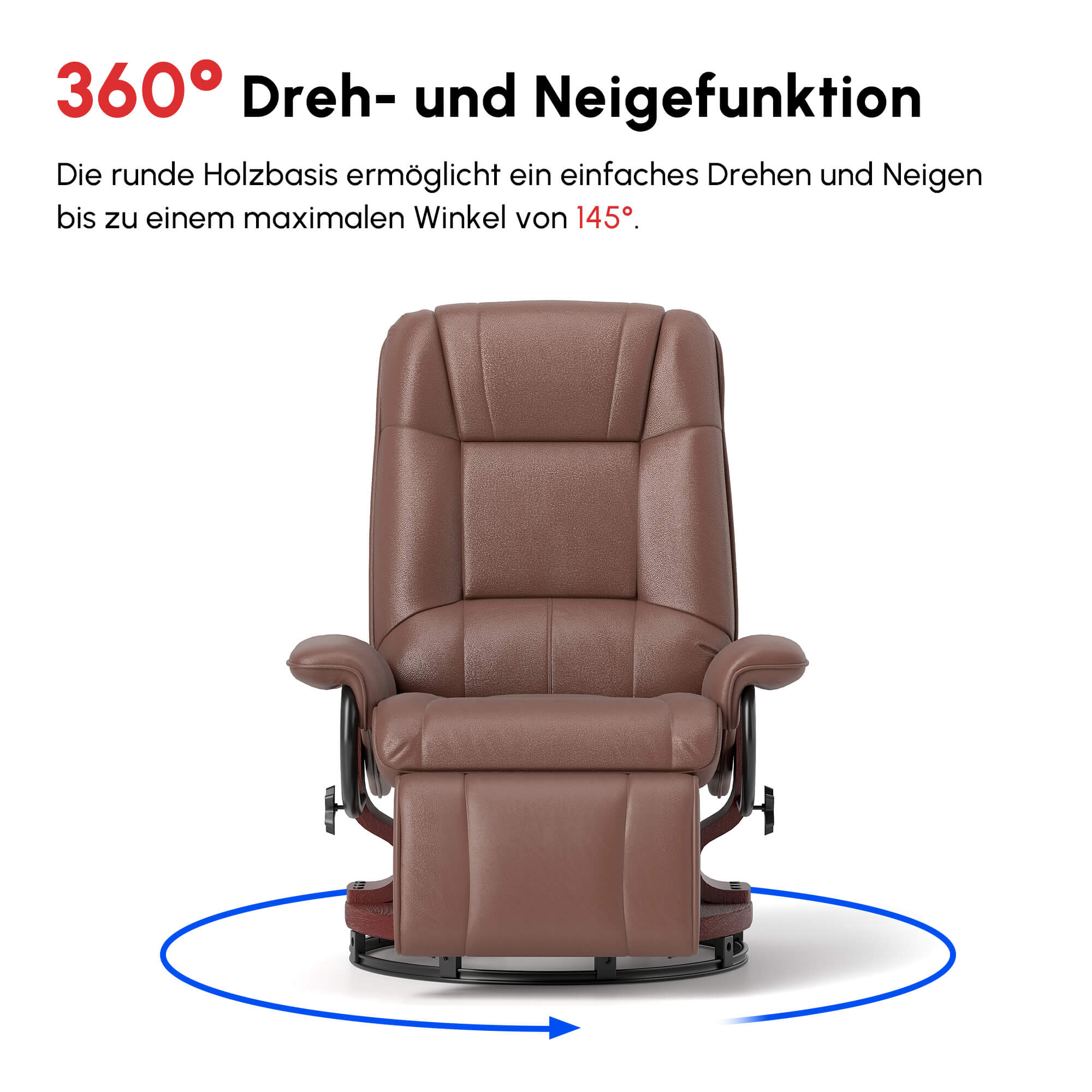 Relaxsessel, 145° neigbar, verstellbare Fußstütze, Kunstleder, 360° drehbar, bis 120 kg, Braun