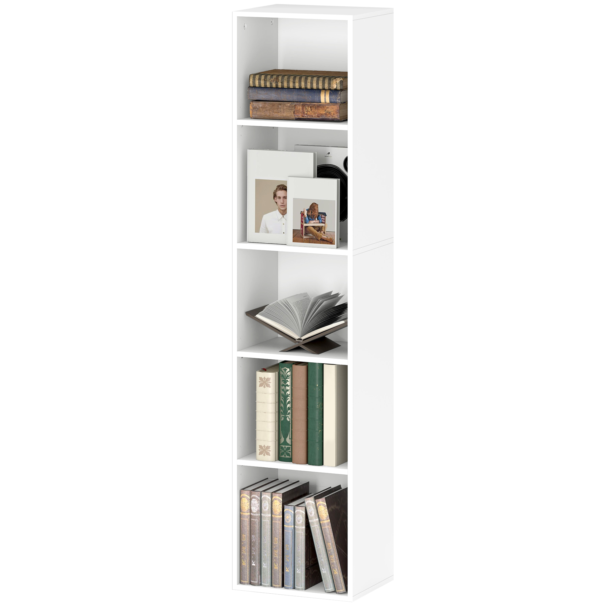 Bücherregal, 5 Fächer, verstellbare Regale, Holz, 30 x 24 x 133,5 cm, Weiß