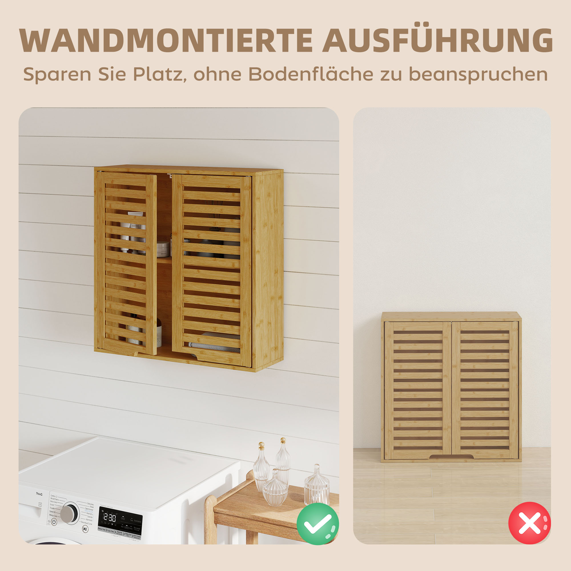 Badezimmerschrank Hängeschrank aus Bambus mit atmungsaktiv Lamellentüren, verstellbar Ablage 60 x 20 x 60 cm Naturholz
