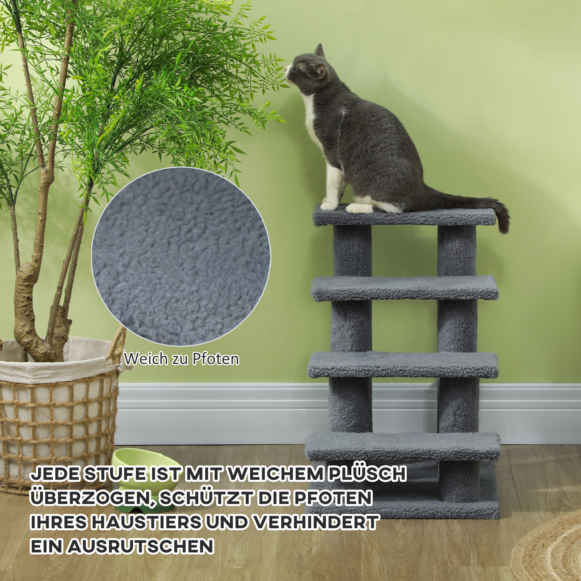 Tiertreppe Katzentreppe Hundetreppe Treppe für Katze und Hunde 4 Stufen Grau 63,5x43x60cm