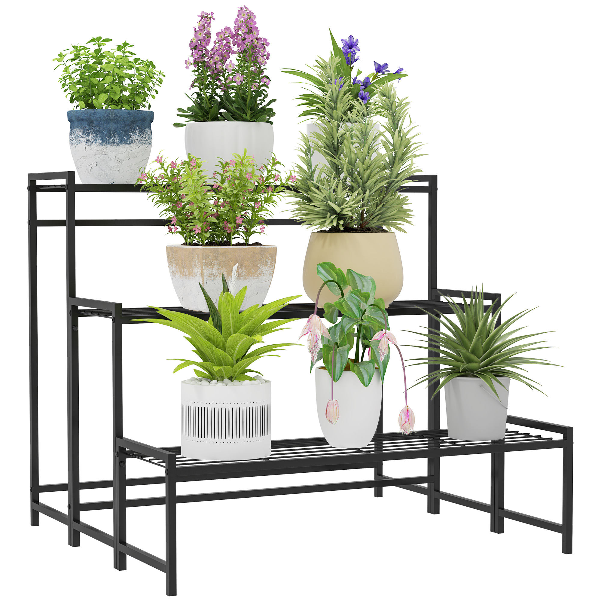 Blumentopfständer, 3-stufiger Pflanzenständer in Treppenform, Blumentopfgestell für drinnen und draußen, Metall, Schwarz