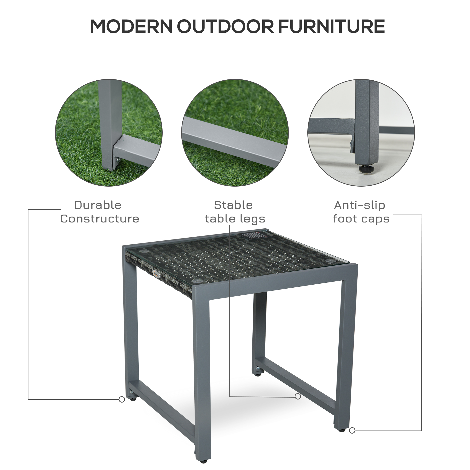 Gartentisch Garten Beistelltisch Tisch Gartenmöbel mit Hartglas Polyrattan + Aluminium Grau 50 x 49,5 x 50 cm