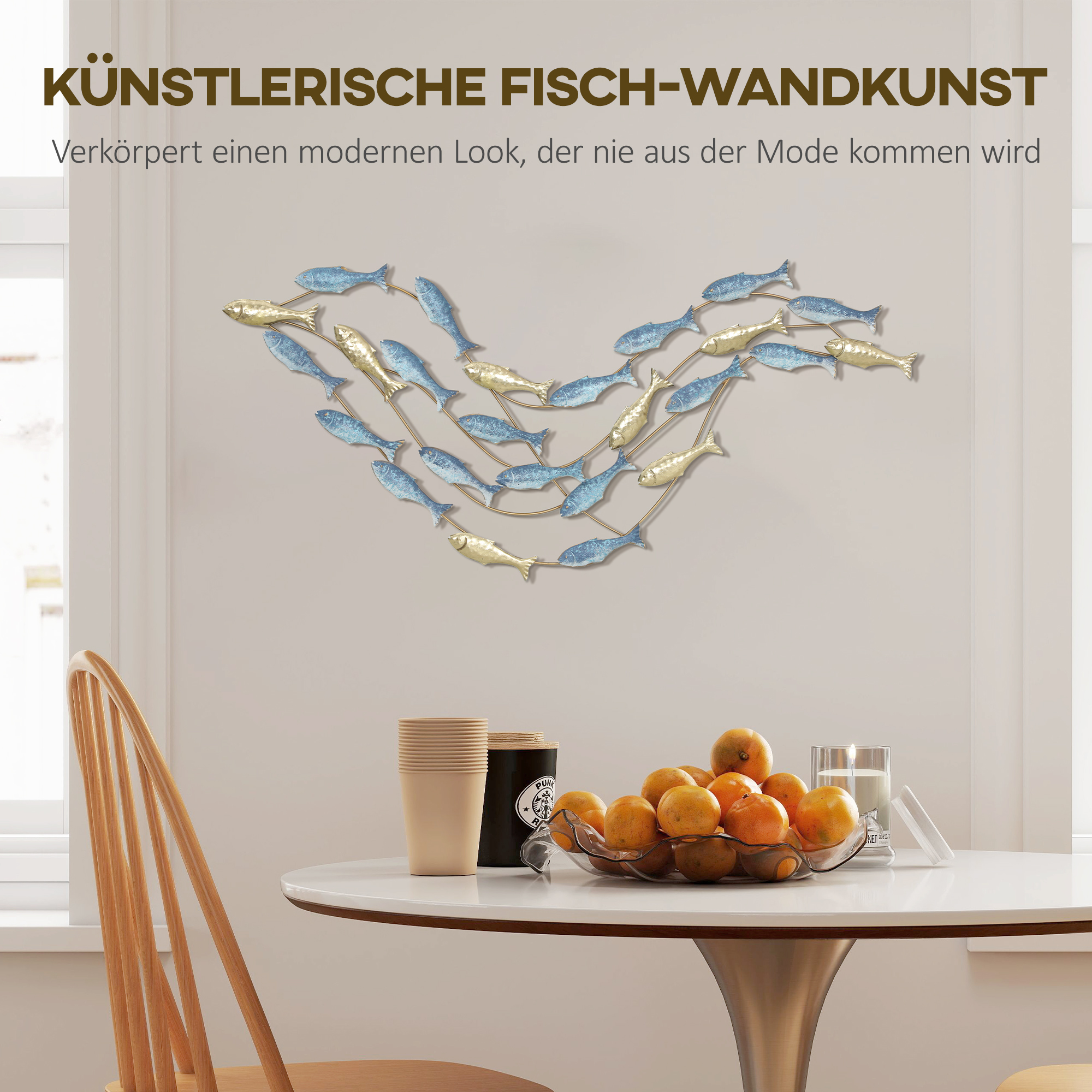 Wandkunst aus Metall, Fischdesign, rostbeständig, moderner Stil, elegant, Hellblau