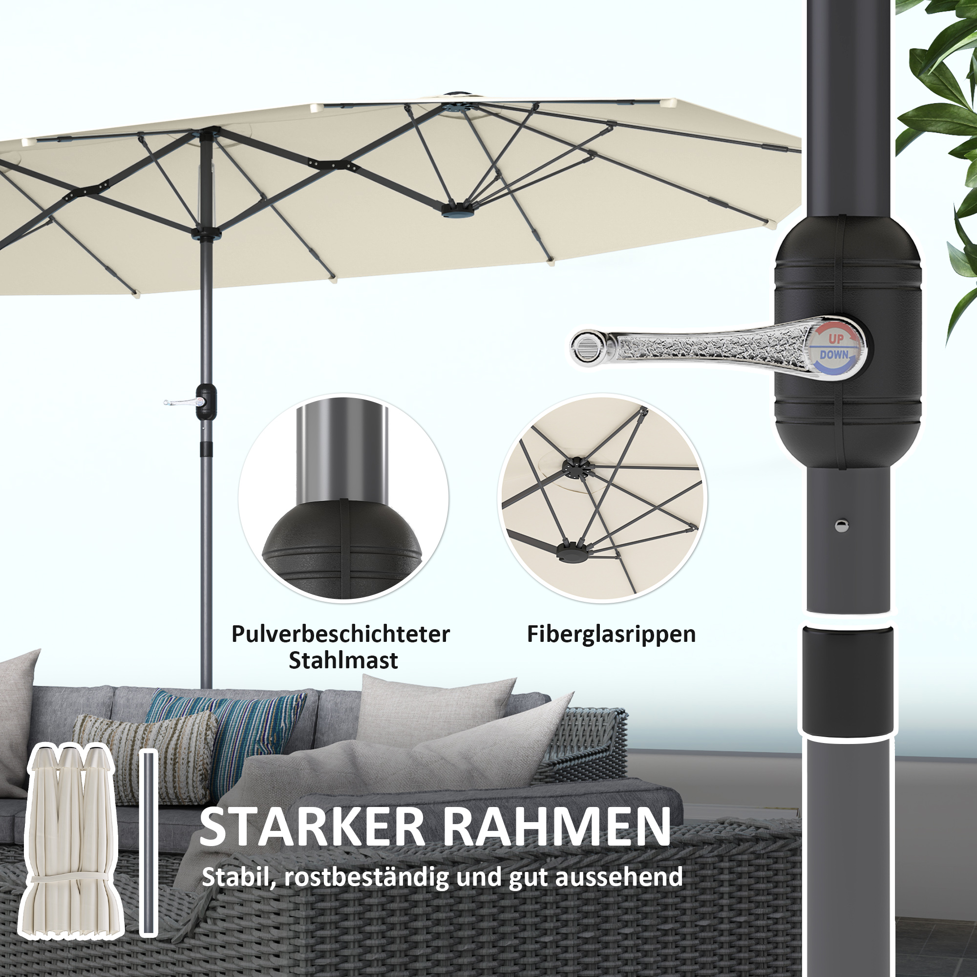 Doppelsonnenschirm 436 x 260 cm, UV Schutz Stahl Sonnenschirm mit Handkurbel, oval Beige