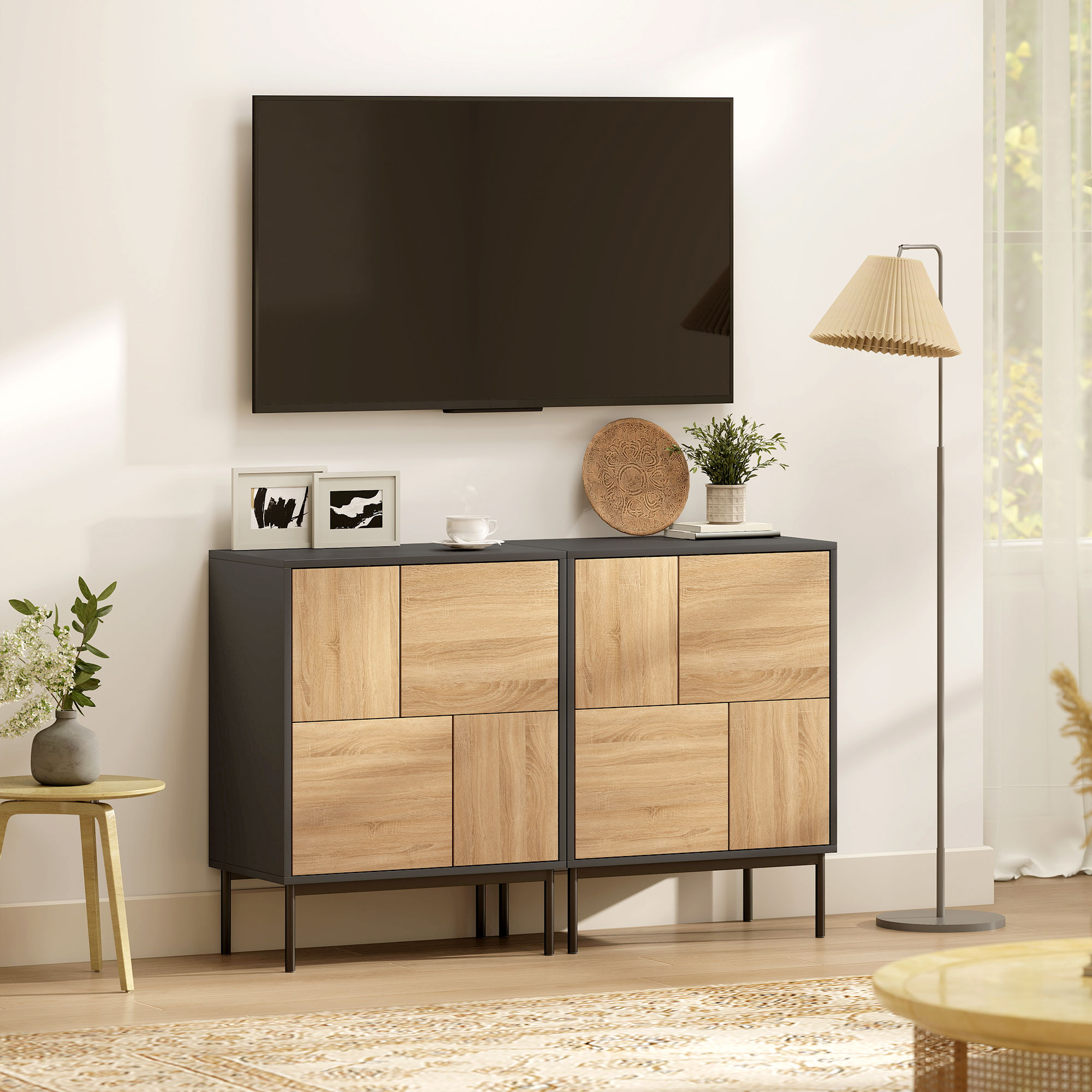 Sideboard mit Push-to-Open Türen, Esszimmerschrank mit Metallbeinen, Küchenschrank, MDF, Schwarz+Naturholz