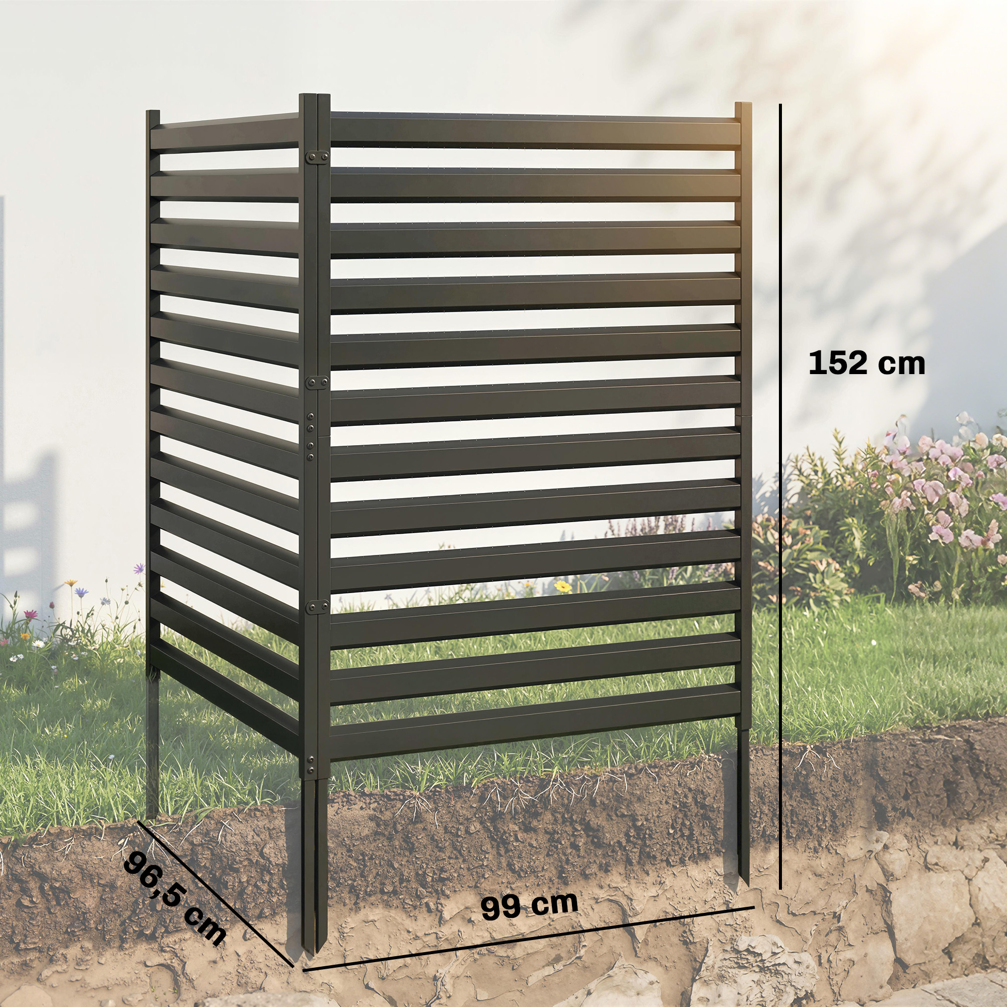 Gartenzaun 2 Paneele 91 x 152 cm Metall Sichtschutzzaun mit Pfosten & Schutzkappen rostfreie Schwarz
