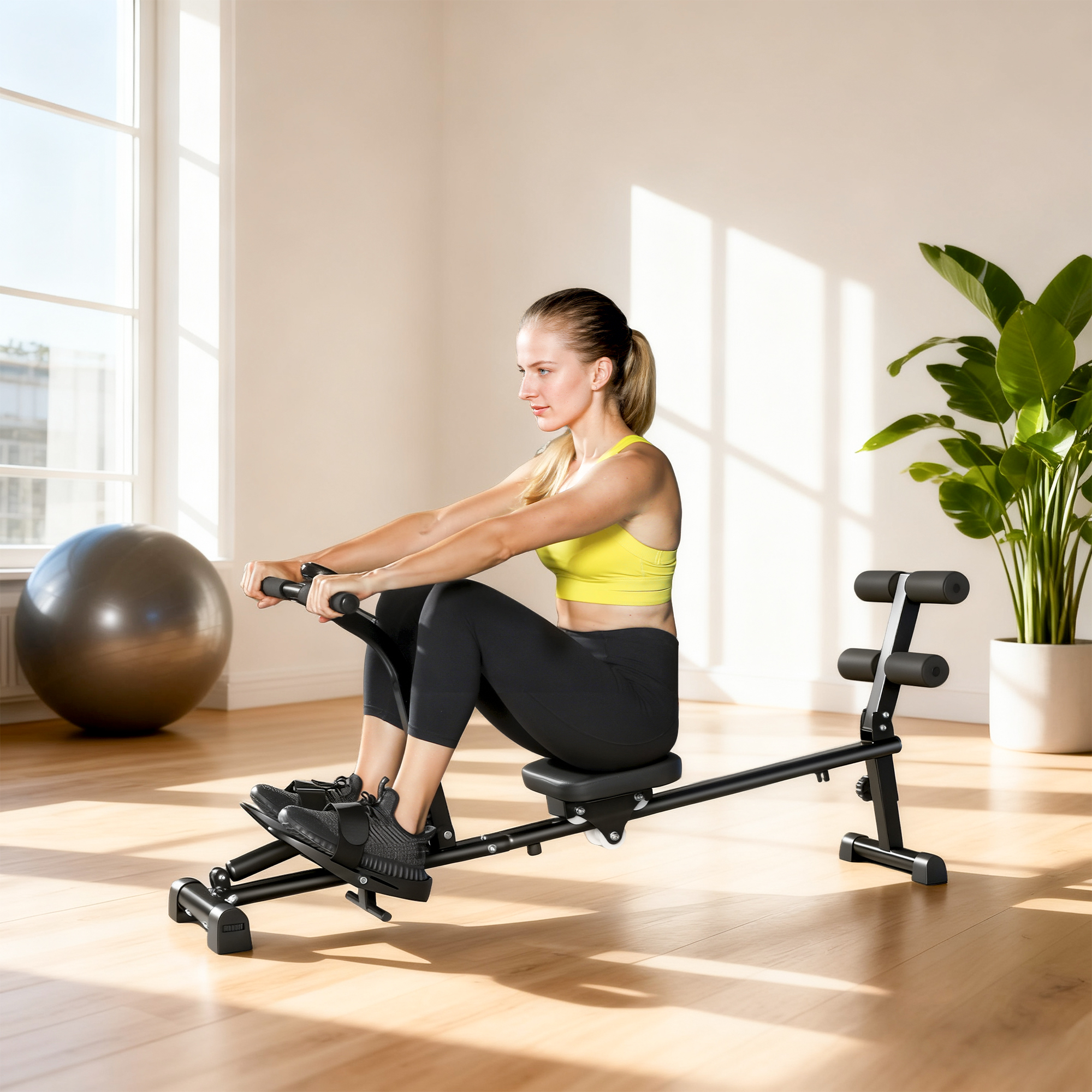 Rudermaschine, Rudergerät für Situps, 12-stufig verstellbar, 2-in-1 Kardiogerät, LCD-Anzeige, Stahl, Kunststoff, Schwarz