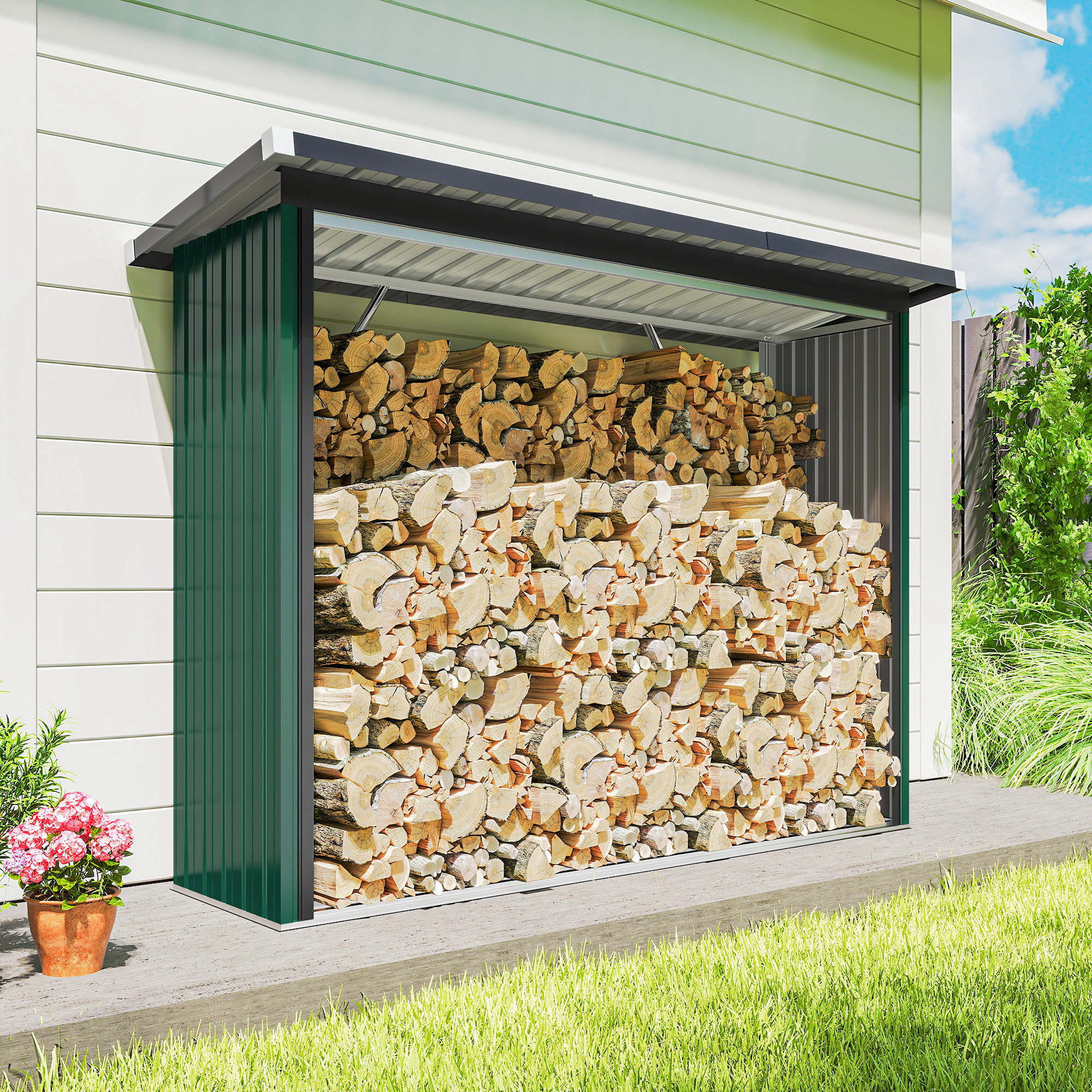Brennholzschuppen, Feuerholzunterstand, Stahl, erhöhter Boden, Schrägdach, 213 x 66,5 x 150 cm, Grün