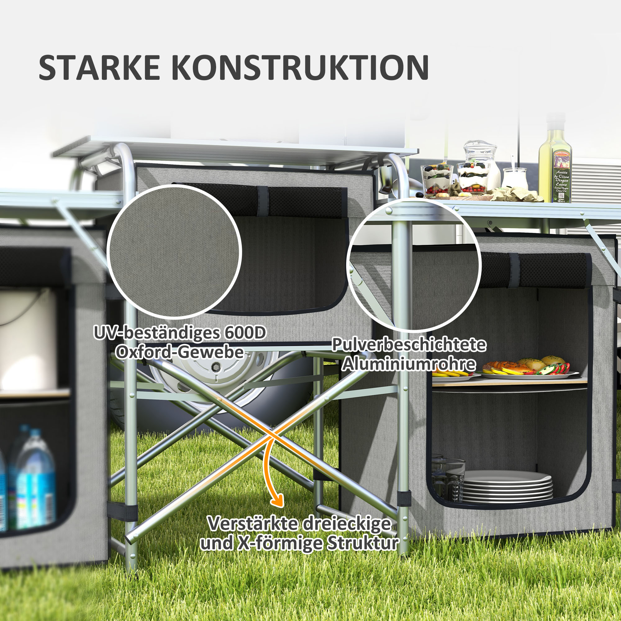 Campingküche, klappbar, Windschutz, 3 Stofffächer, Aluminiumrahmen, 172x48x119cm, Grau/Silber