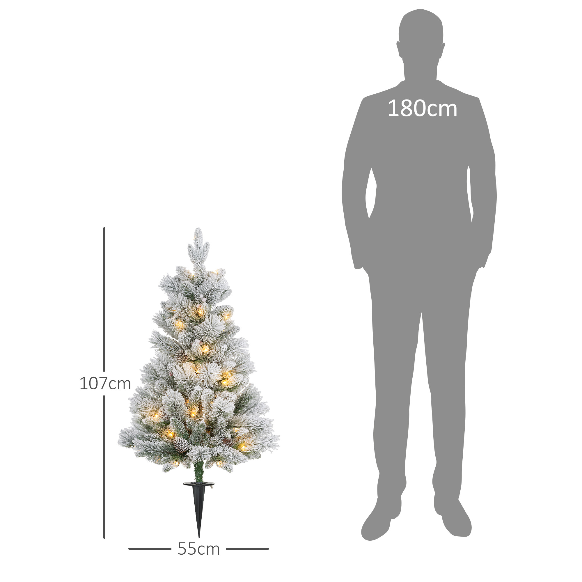 Weihnachtsbaum mit LED-Beleuchtung, 2er-Set, 107 cm, Tannenzapfen, rote Beeren, feuersicher, Grün/Weiß