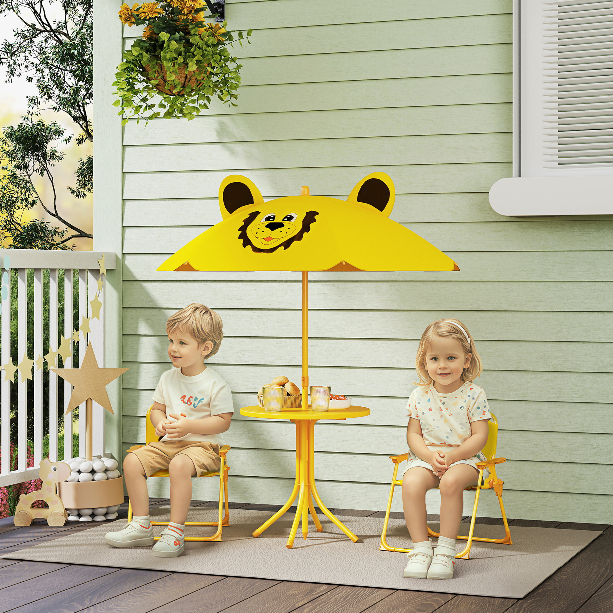 Gartenmöbel-Set für Kinder, Stühle, Tisch, Sonnenschirm, Löwen-Design, Gelb