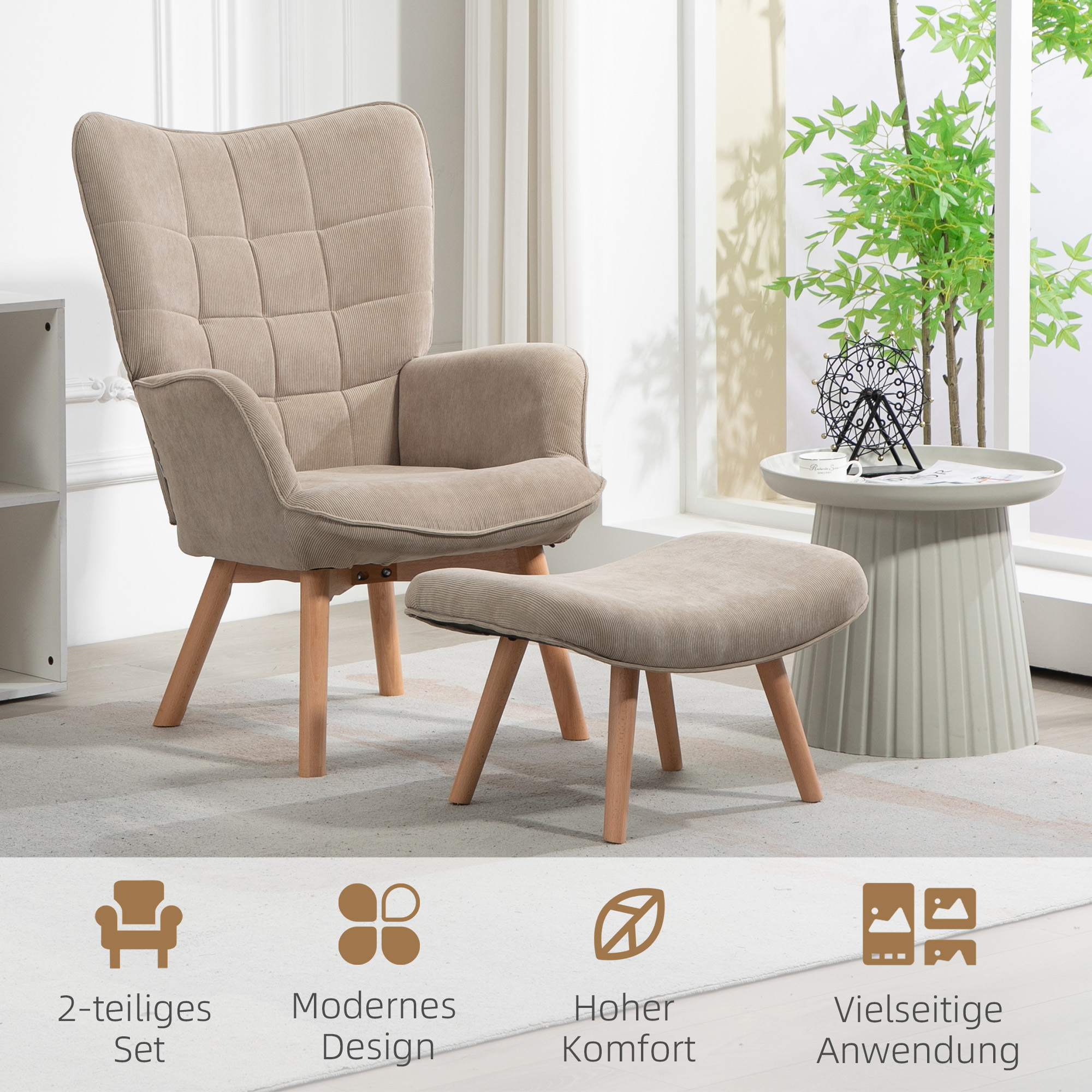 Akzentsessel mit Hocker, Relaxsessel in Cord-Optik, Armlehnstuhl mit Holzbeinen, für Wohnzimmer, Hellbraun