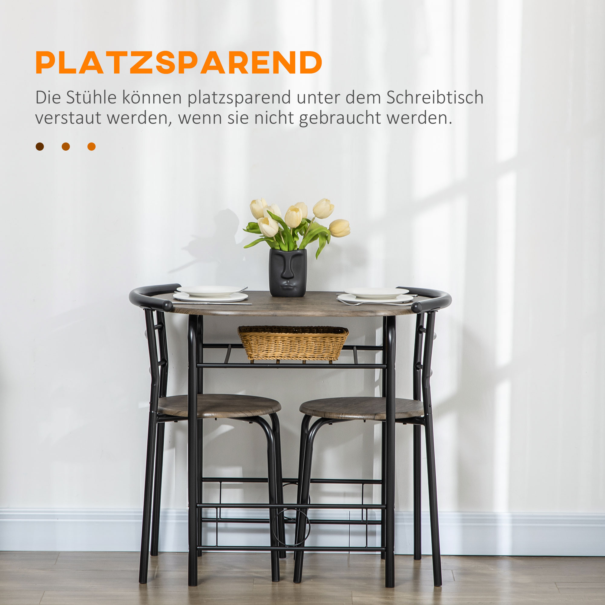 Bistro-Set Esstisch Küchentisch mit Stühlen Set, 1 Tisch, 2 Stühle, 80 cm x 53 cm x 74,5 cm, Schwarz