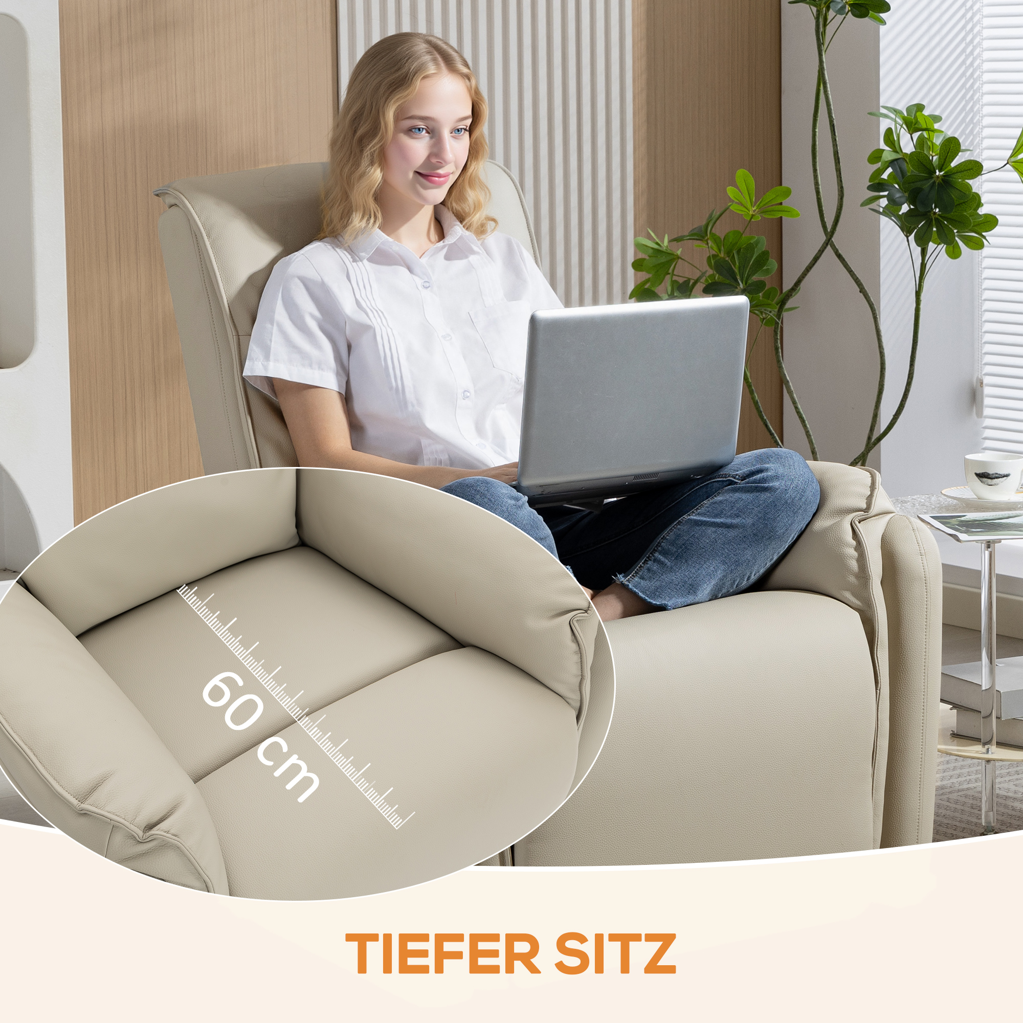 Elektrischer Massagesessel, Kunstlederbezug, Fußstütze, Seitentasche, Beige