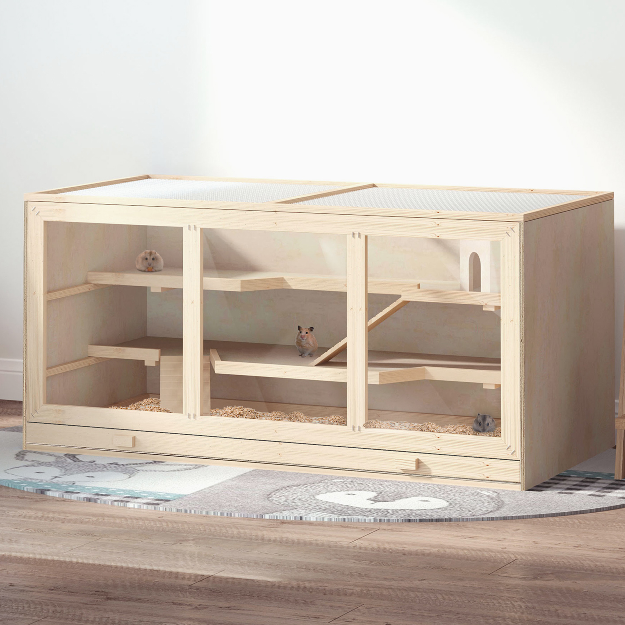 Hamsterkäfig aus Holz 3 Etagen Nagerkäfig mit reinigbar Ablage Kleintierkäfig mit klappbarem Deckel Treppen Holzkäfig Käfig für Hamster Zwerghamster 115 x 57 x 55 cm Naturholz