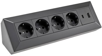 4-fach Steckdosenblock, USB-A+C, schwarz, 250V~/ 16A, Aufbaumontage, USB 3,1A, PD
